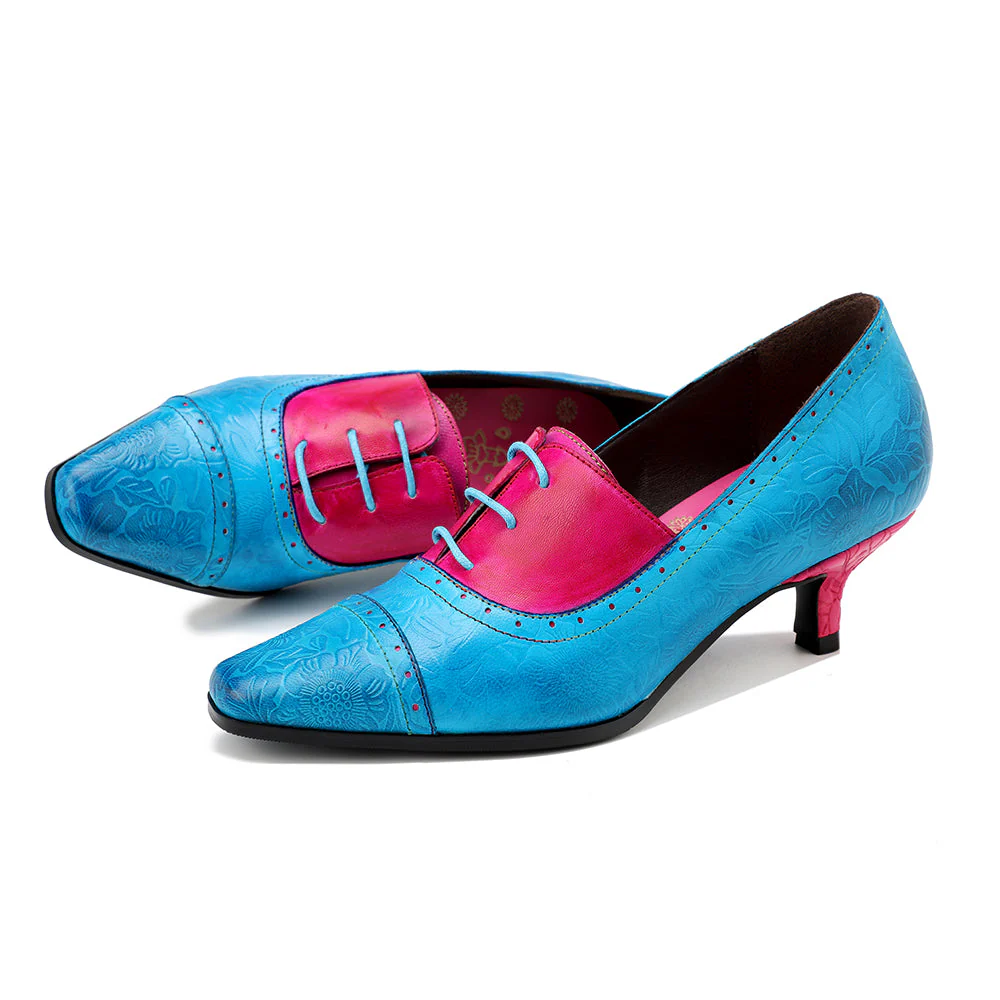 SOFFIA | Turquoise Floral Embossed Genuine Leather Kitten Heel Oxford Shoes - Image 8