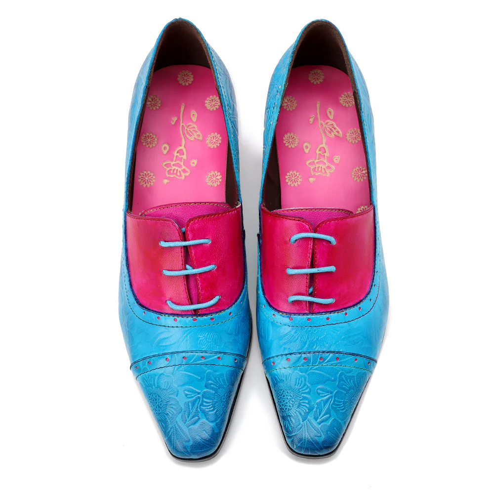 SOFFIA | Turquoise Floral Embossed Genuine Leather Kitten Heel Oxford Shoes - Image 9