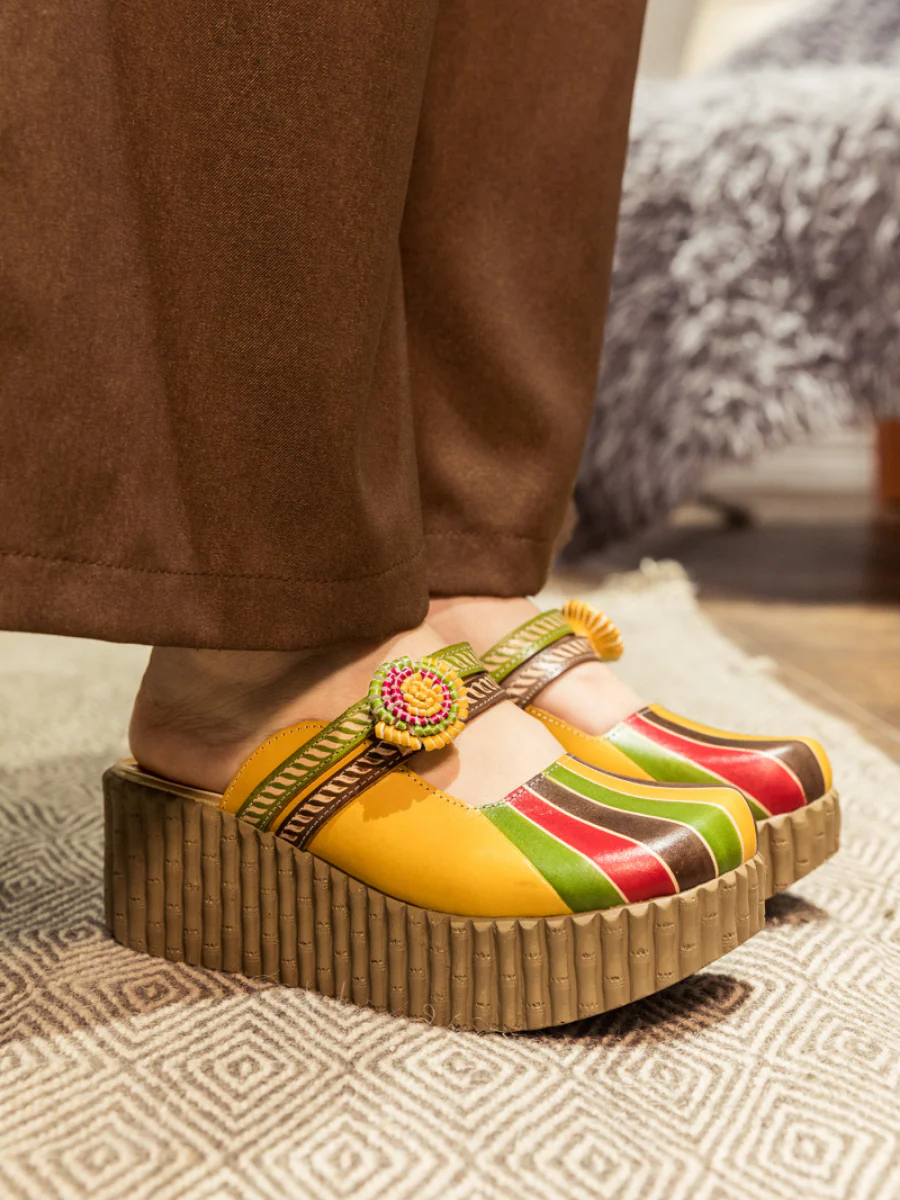 SOFFIA | Genuine Leather Yellow Ribbed-Sole Floral Appliqued Platform Sandals Clogs - Image 3