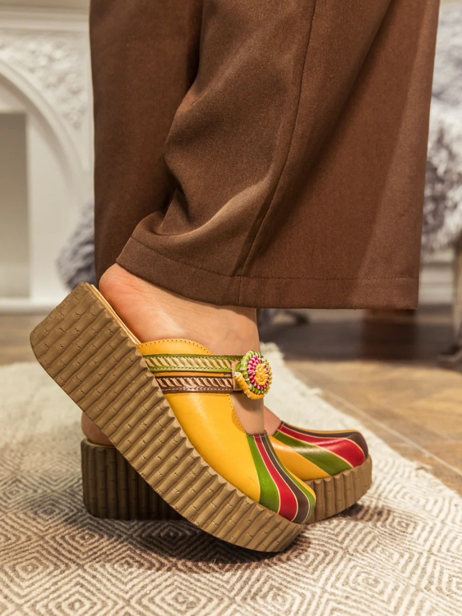 SOFFIA | Genuine Leather Yellow Ribbed-Sole Floral Appliqued Platform Sandals Clogs - Image 4
