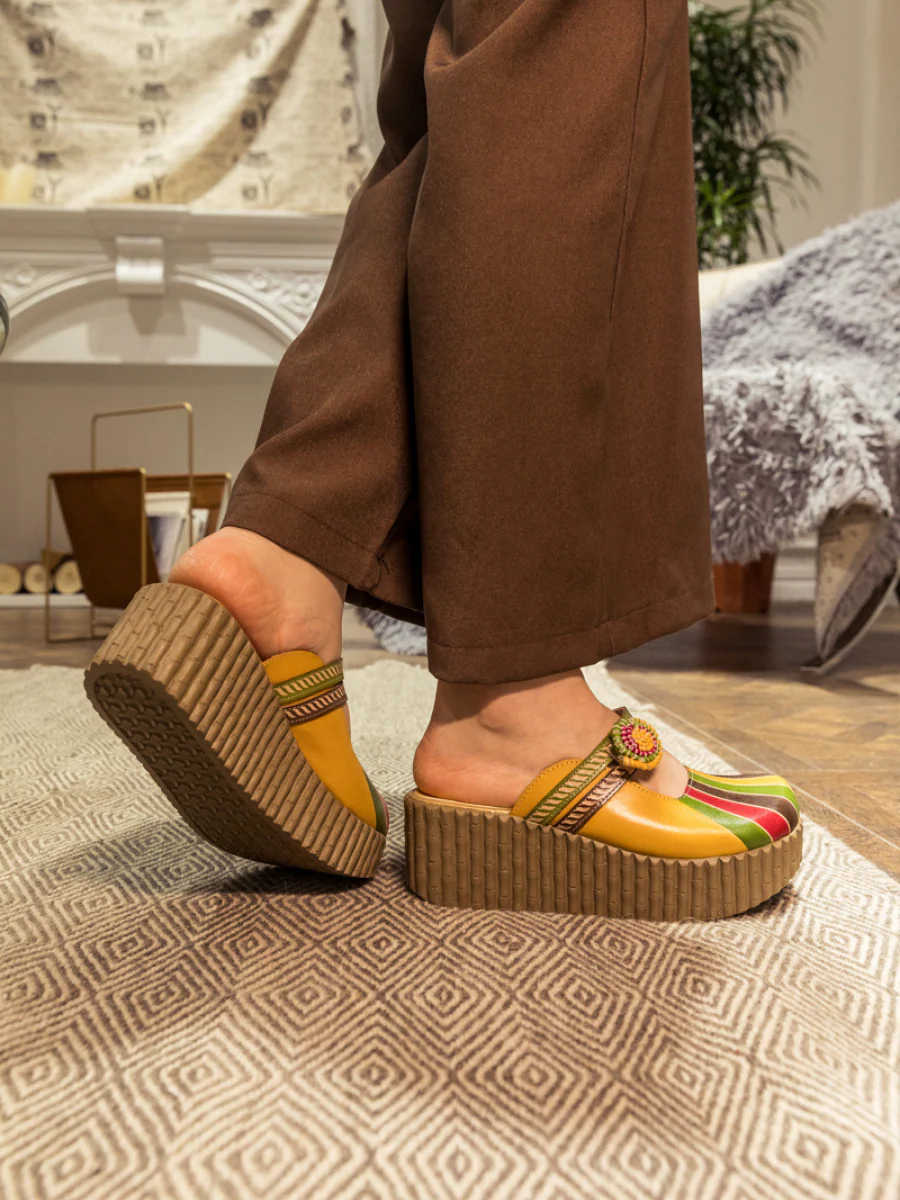 SOFFIA | Genuine Leather Yellow Ribbed-Sole Floral Appliqued Platform Sandals Clogs - Image 5