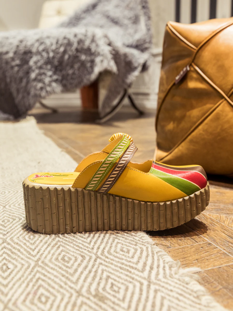 SOFFIA | Genuine Leather Yellow Ribbed-Sole Floral Appliqued Platform Sandals Clogs - Image 7