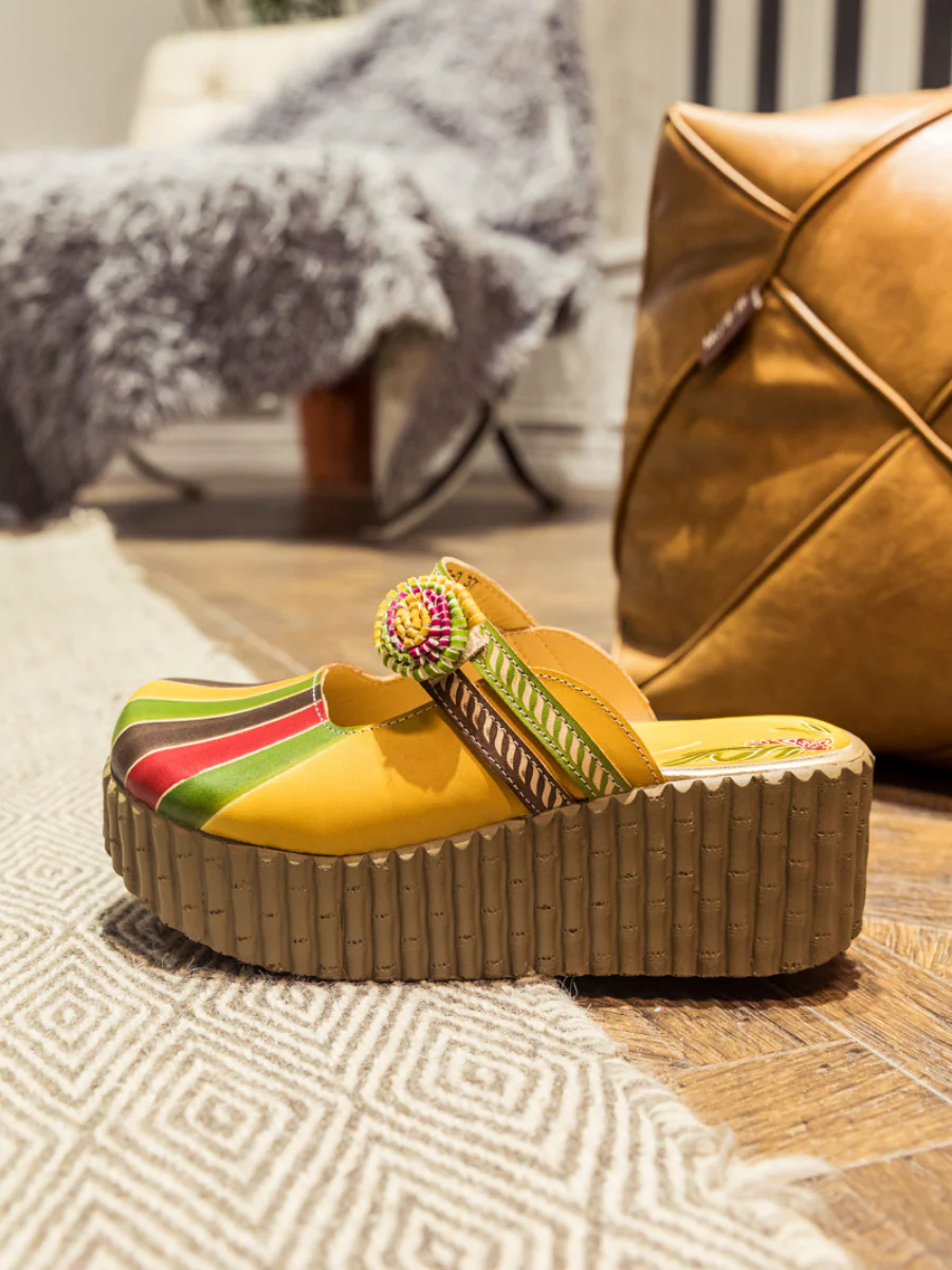 SOFFIA | Genuine Leather Yellow Ribbed-Sole Floral Appliqued Platform Sandals Clogs - Image 8