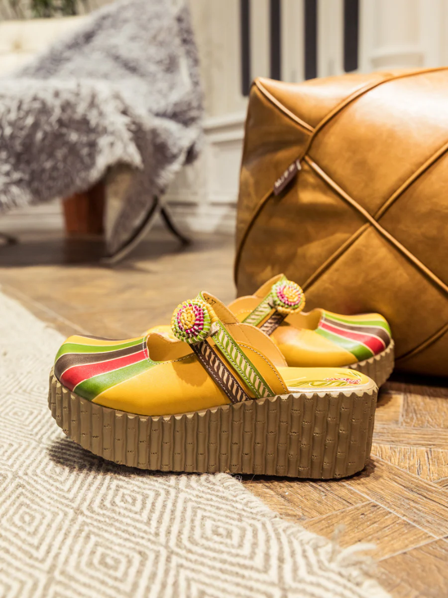 SOFFIA | Genuine Leather Yellow Ribbed-Sole Floral Appliqued Platform Sandals Clogs - Image 9