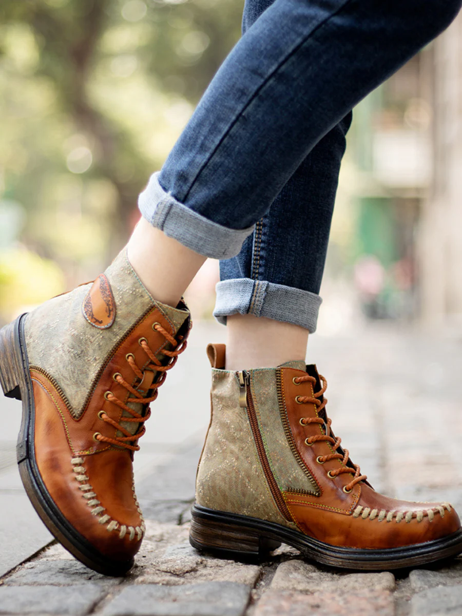 SOFFIA | Zip Trim Stitch Detailed Head Leather Combat Boots - Image 3