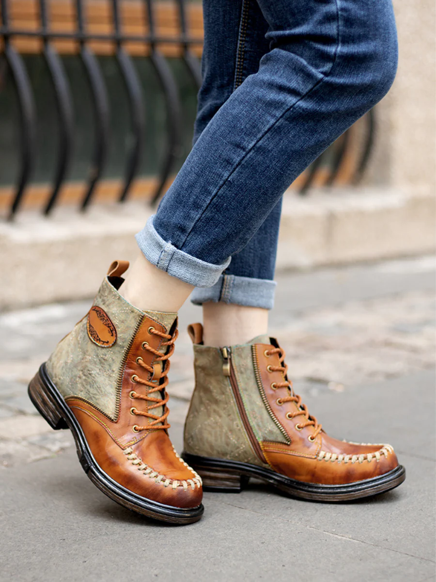 SOFFIA | Zip Trim Stitch Detailed Head Leather Combat Boots - Image 4