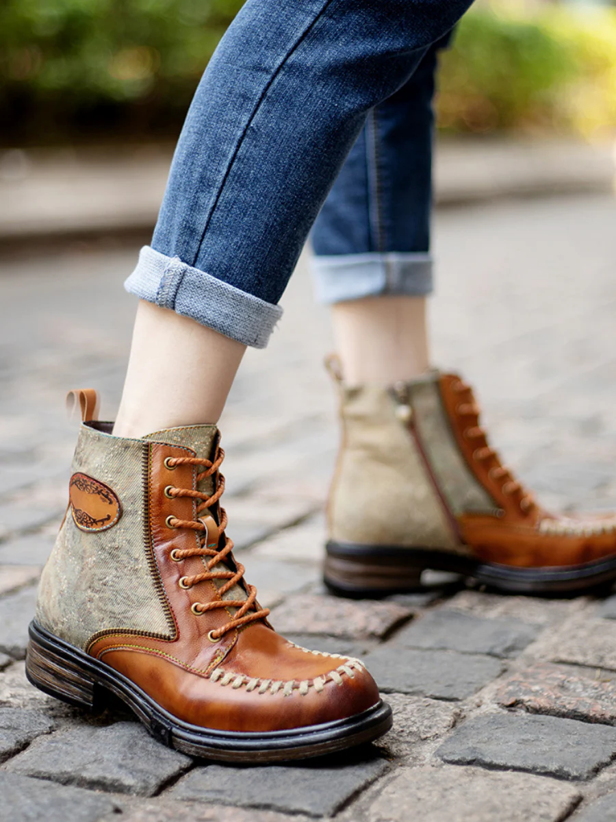 SOFFIA | Zip Trim Stitch Detailed Head Leather Combat Boots - Image 6