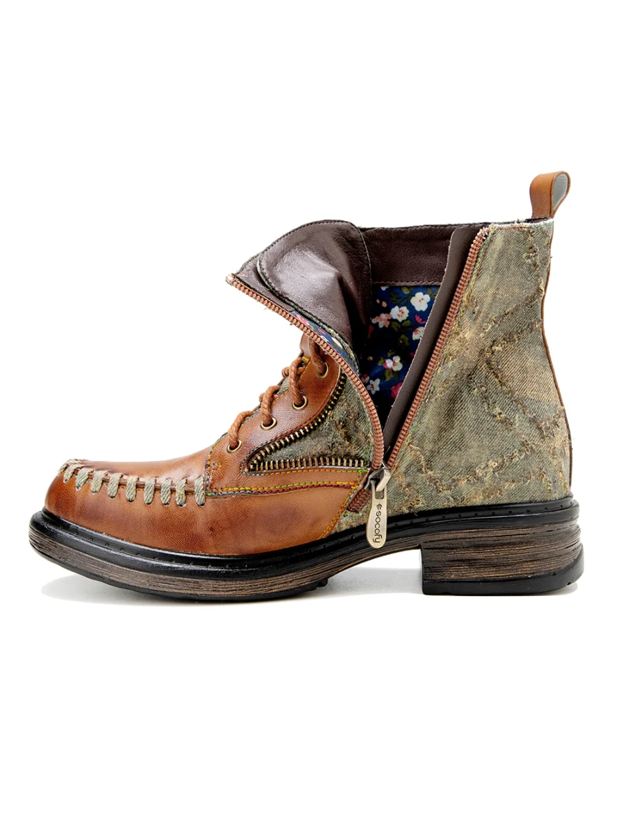 SOFFIA | Zip Trim Stitch Detailed Head Leather Combat Boots - Image 8