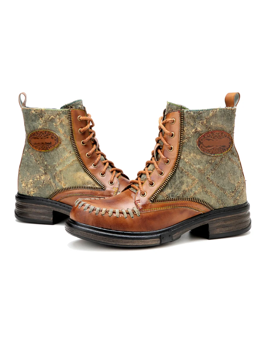 SOFFIA | Zip Trim Stitch Detailed Head Leather Combat Boots - Image 9