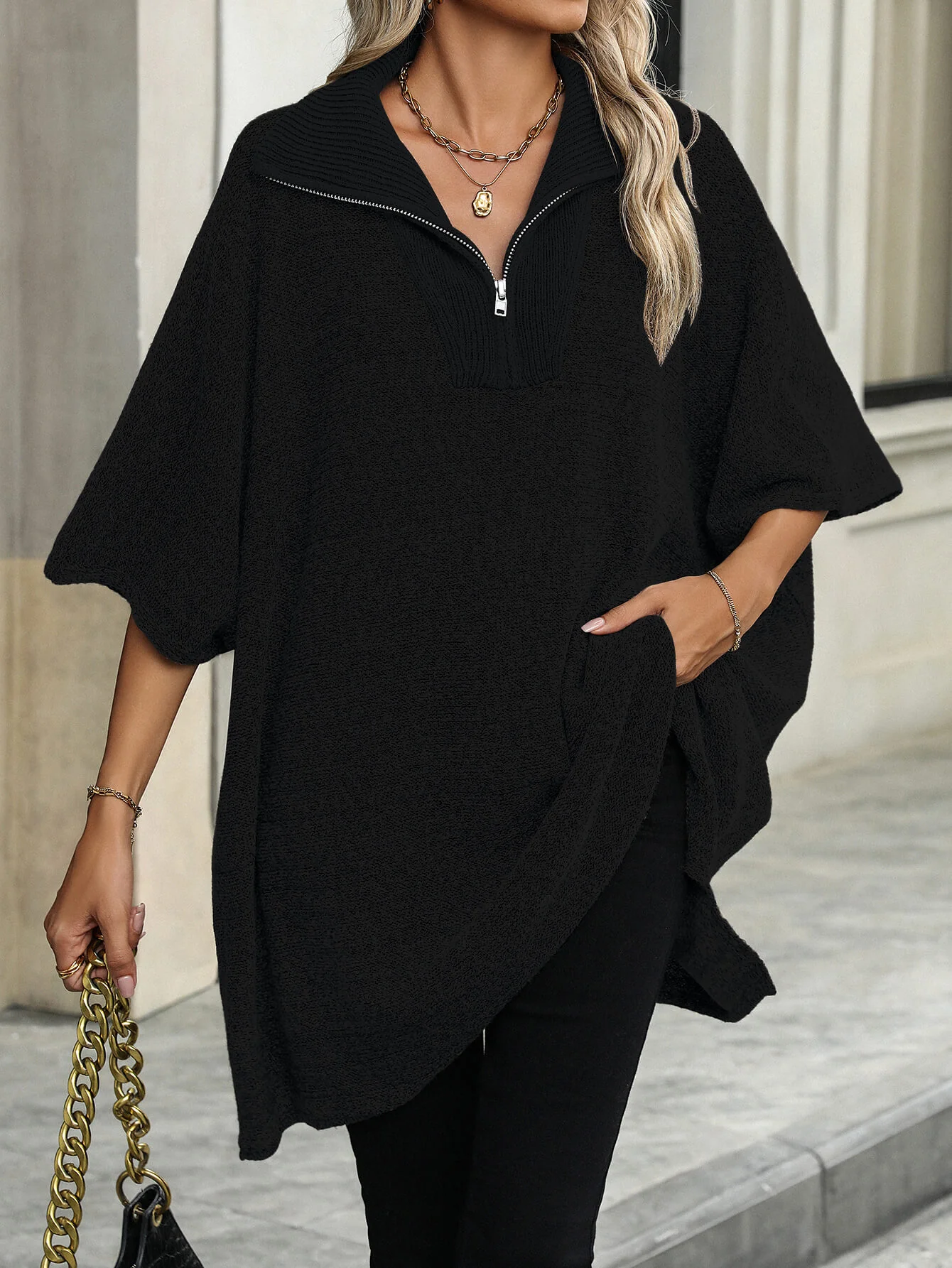 Solina Zip Front Oversized Sweater - Black - Image 2