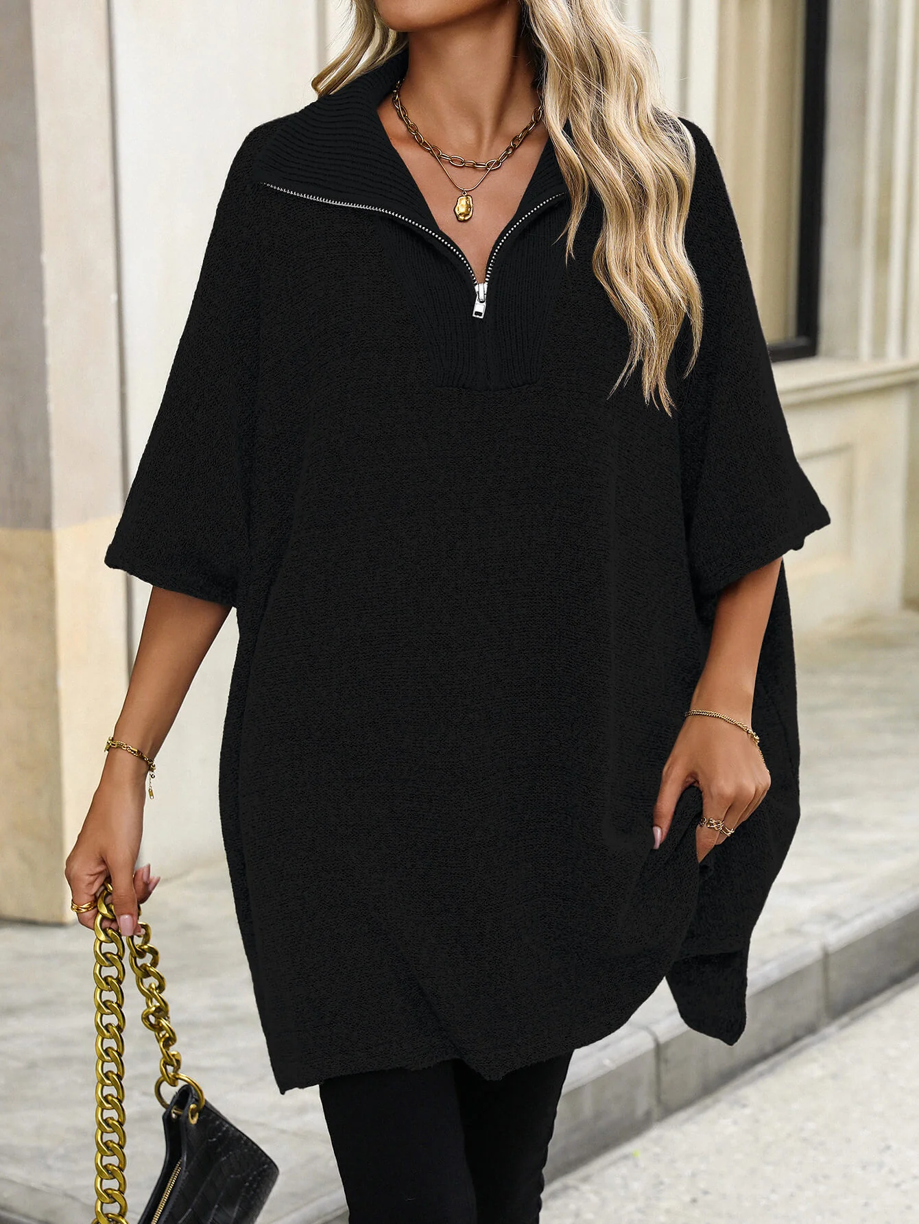 Solina Zip Front Oversized Sweater - Black - Image 3