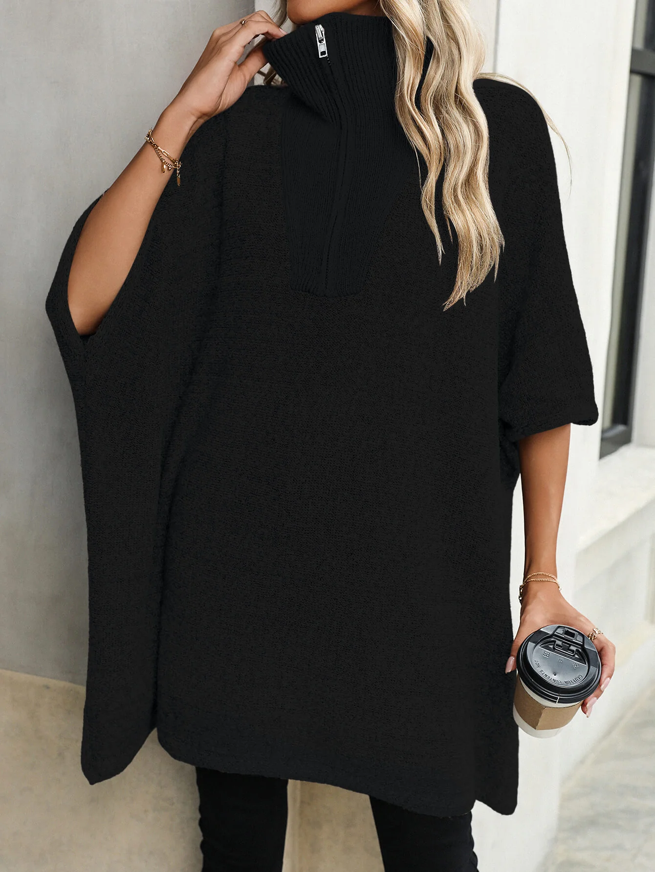 Solina Zip Front Oversized Sweater - Black - Image 4