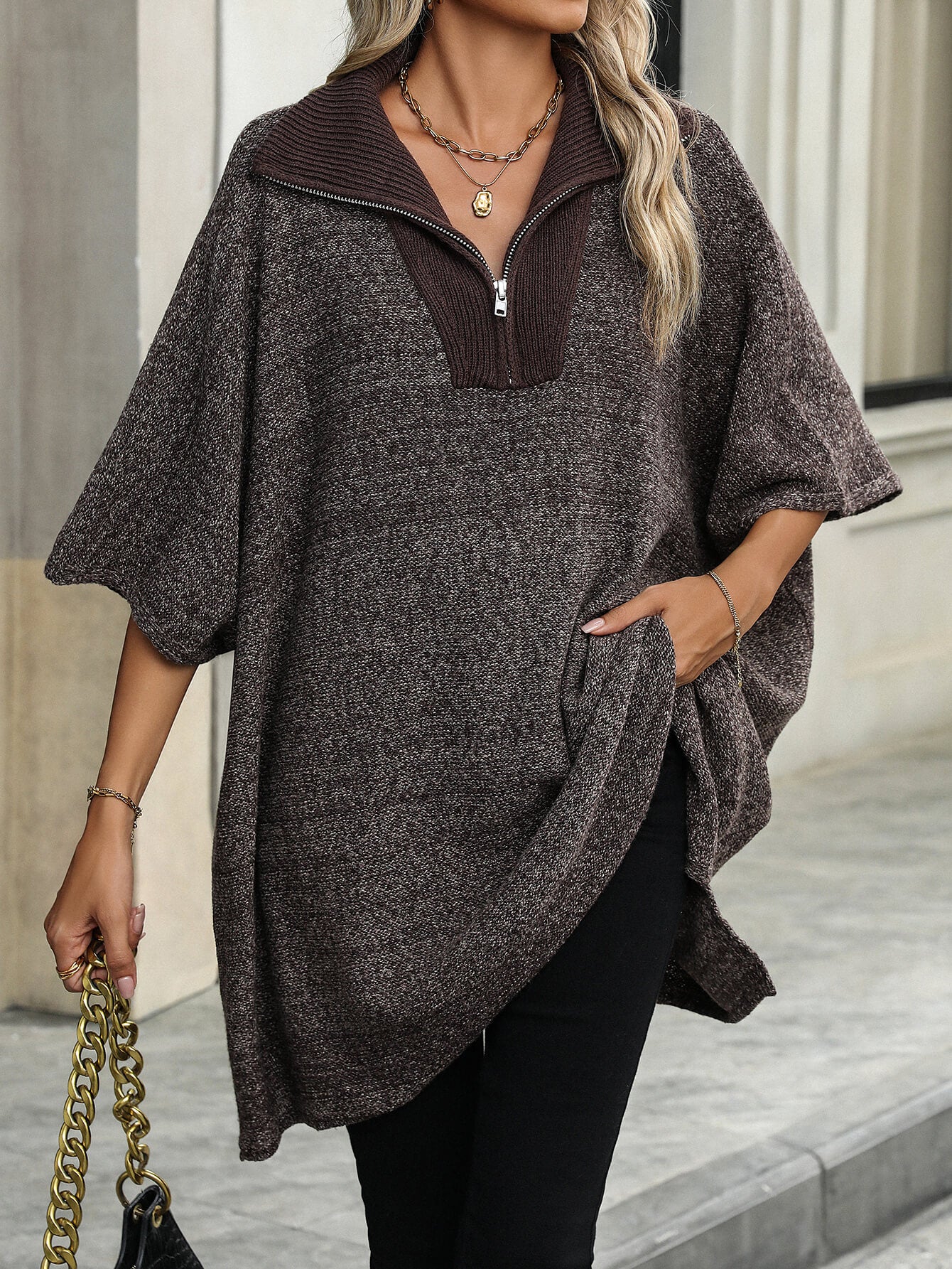 Solina Zip Front Oversized Sweater - Brown - Image 3