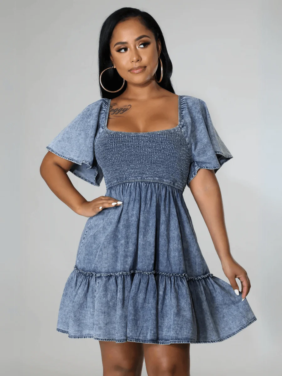Sonesta Babydoll Denim Mini Dress - Light Wash - Image 4