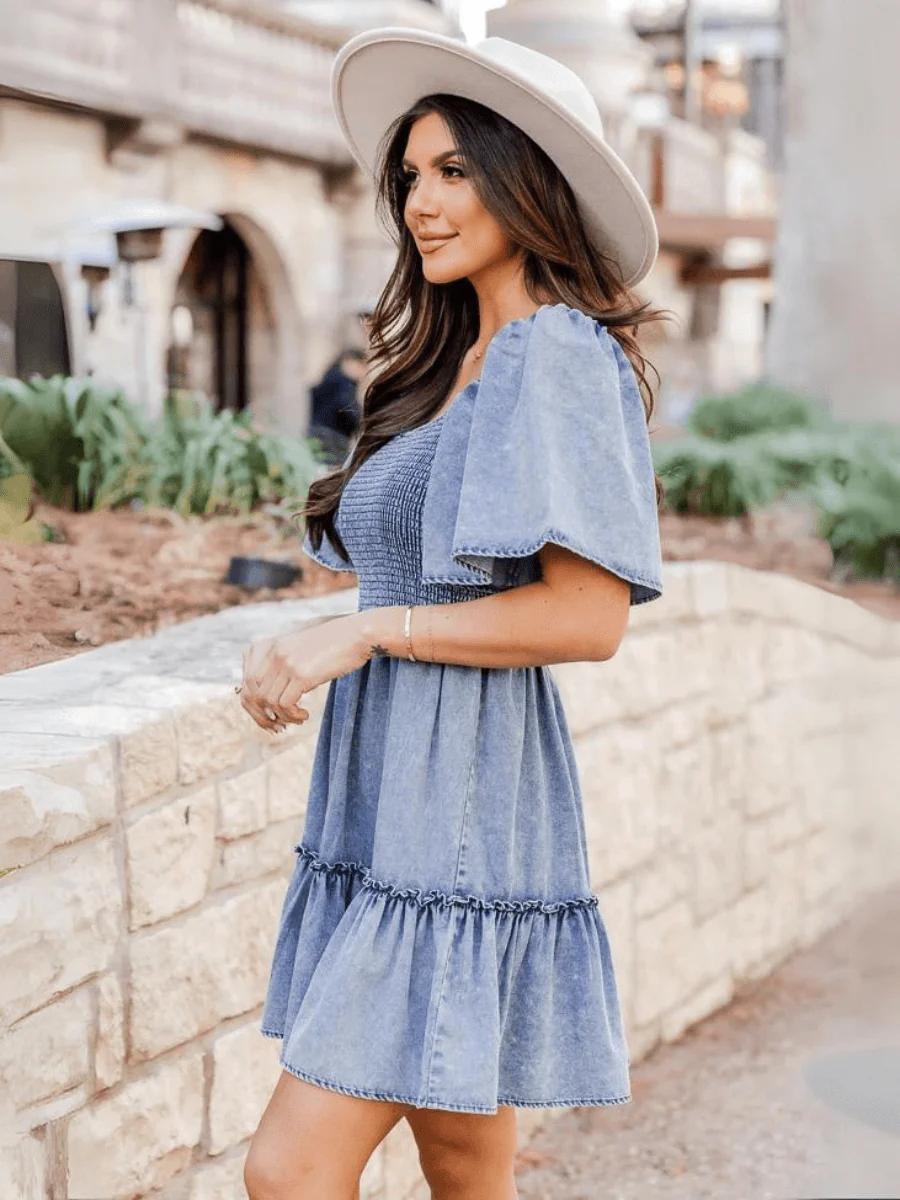 Sonesta Babydoll Denim Mini Dress - Light Wash - Image 3