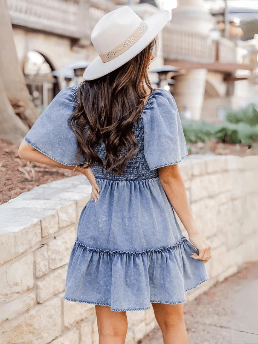 Sonesta Babydoll Denim Mini Dress - Light Wash - Image 4
