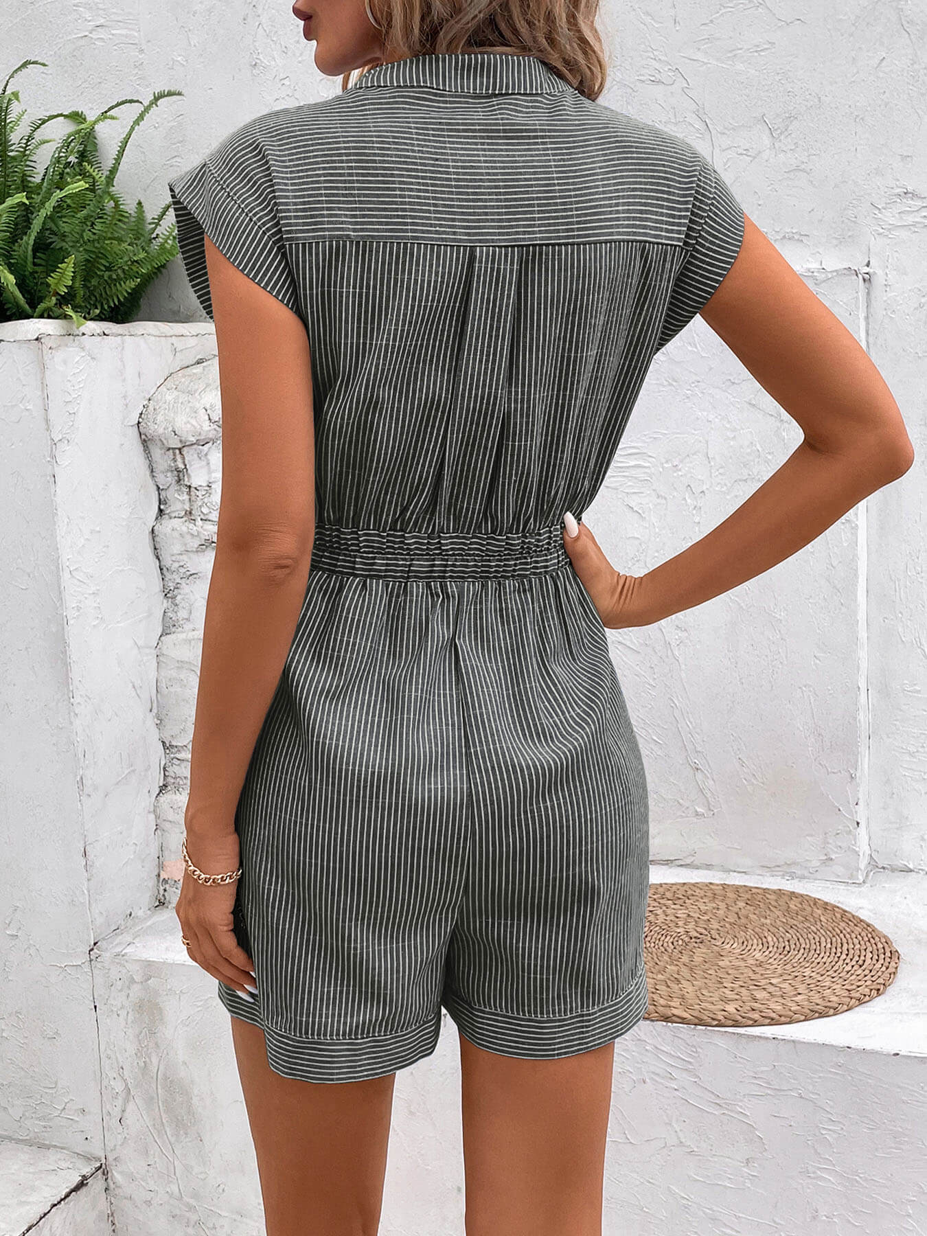 Sonya Cotton Striped Pocketed Romper - Black - Image 5