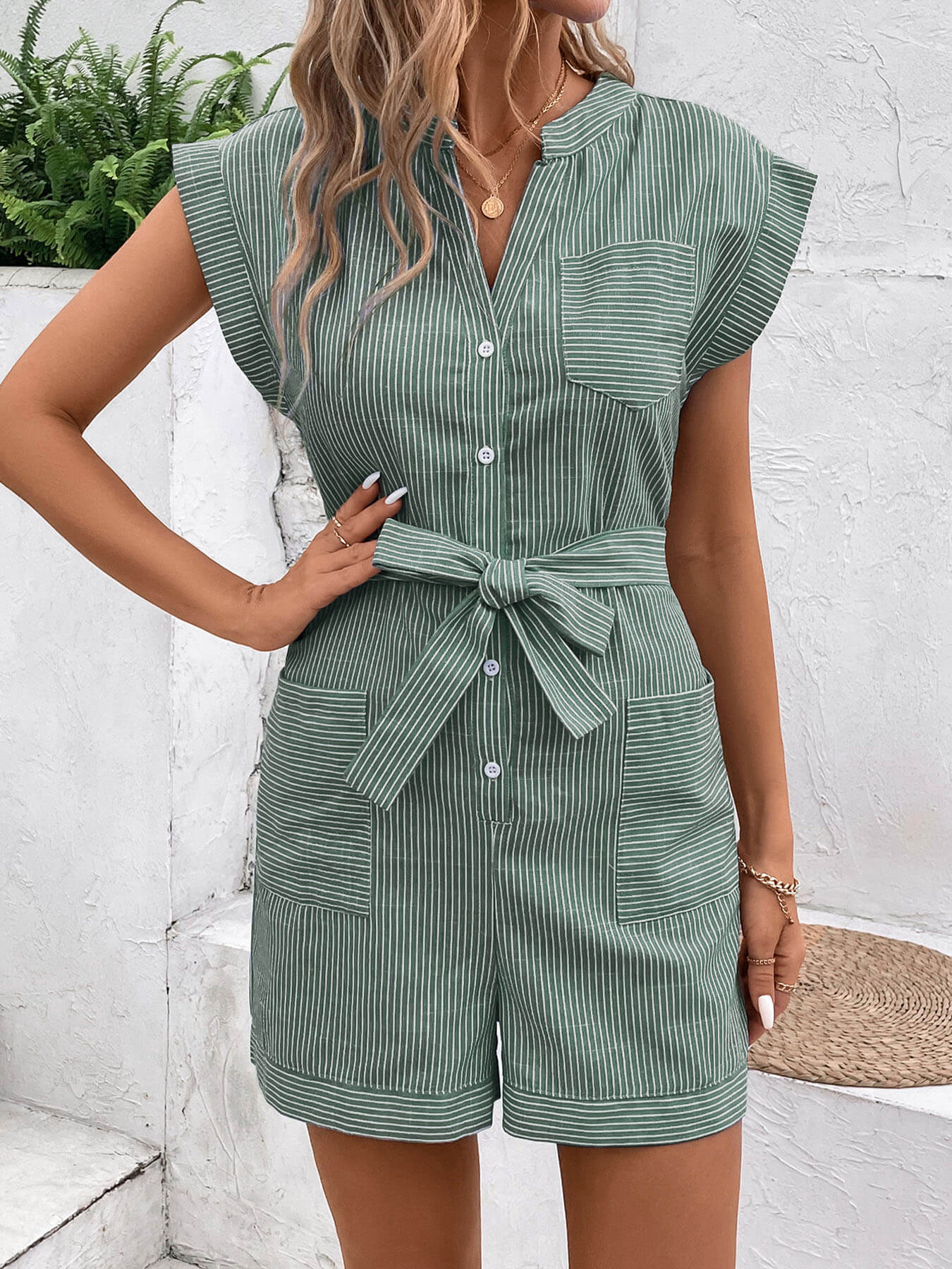 Sonya Cotton Striped Pocketed Romper - Green - Image 3