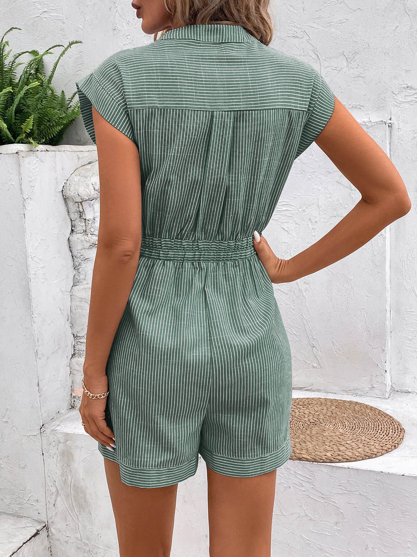 Sonya Cotton Striped Pocketed Romper - Green - Image 5
