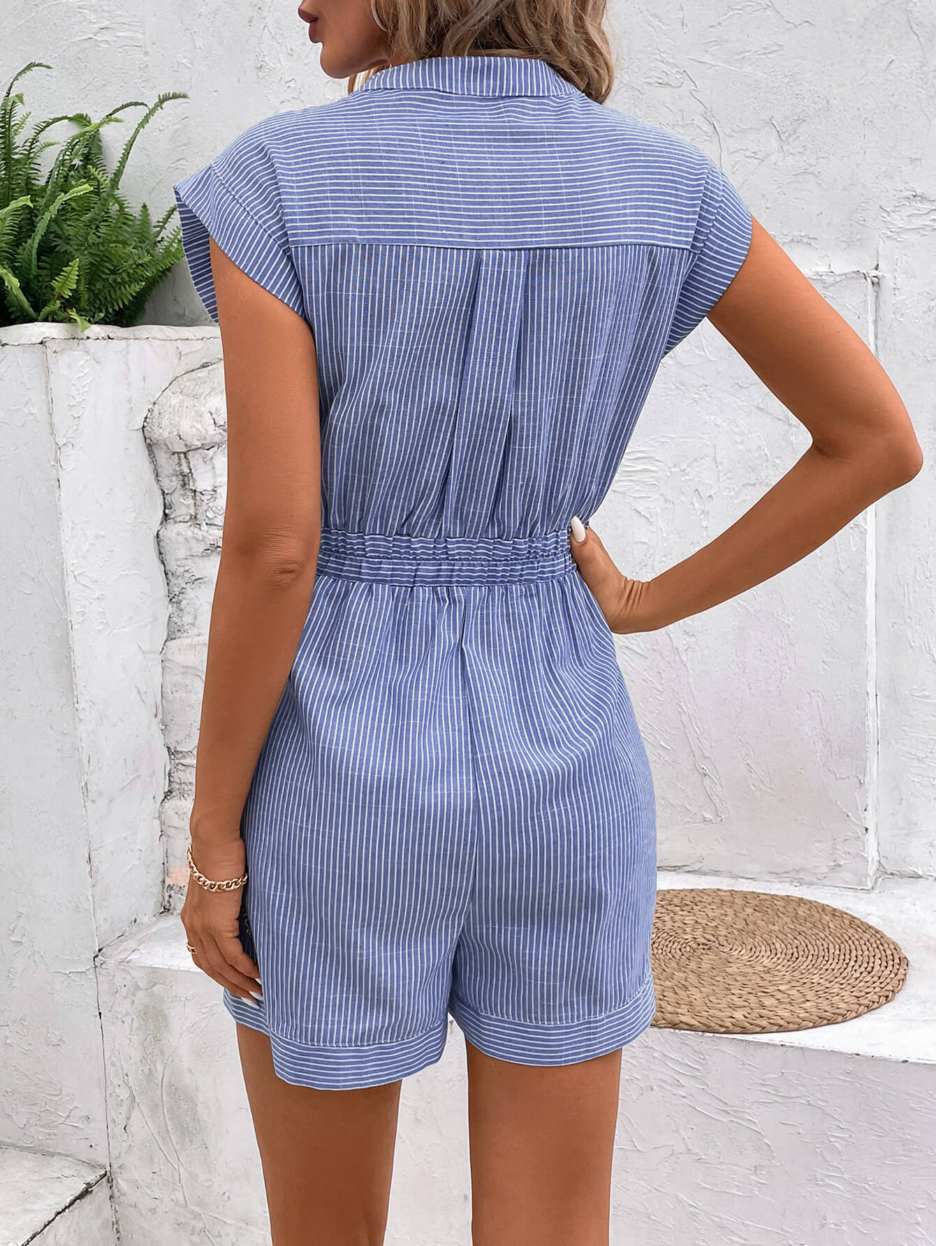 Sonya Cotton Striped Pocketed Romper - Navy - Image 5
