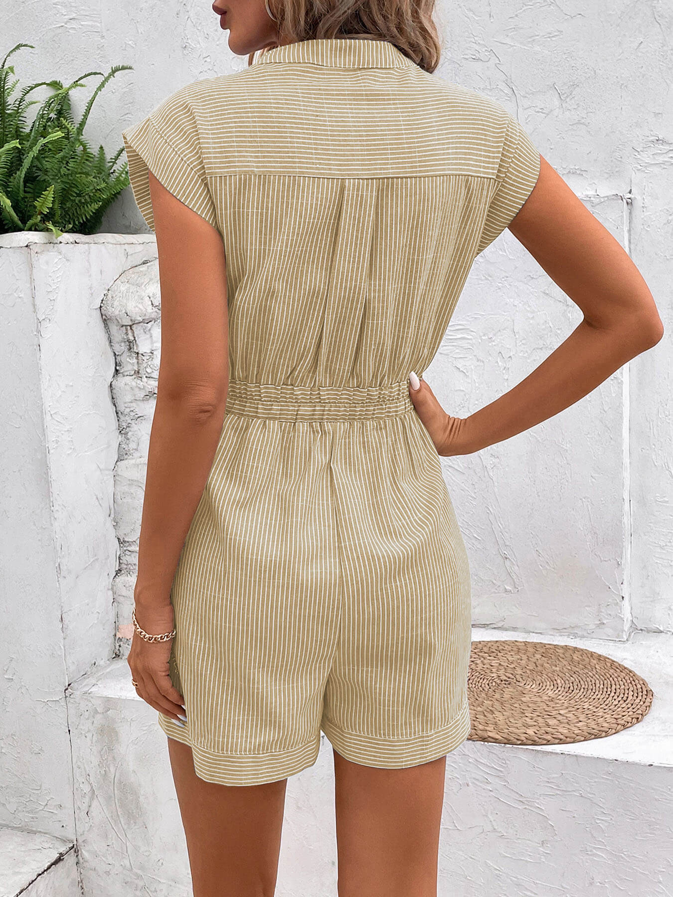 Sonya Cotton Striped Pocketed Romper - Taupe - Image 5