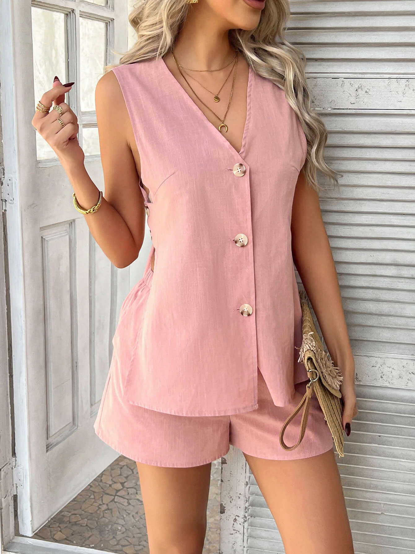 Splendid Button Down Vest Matching Sets - pink - Image 2