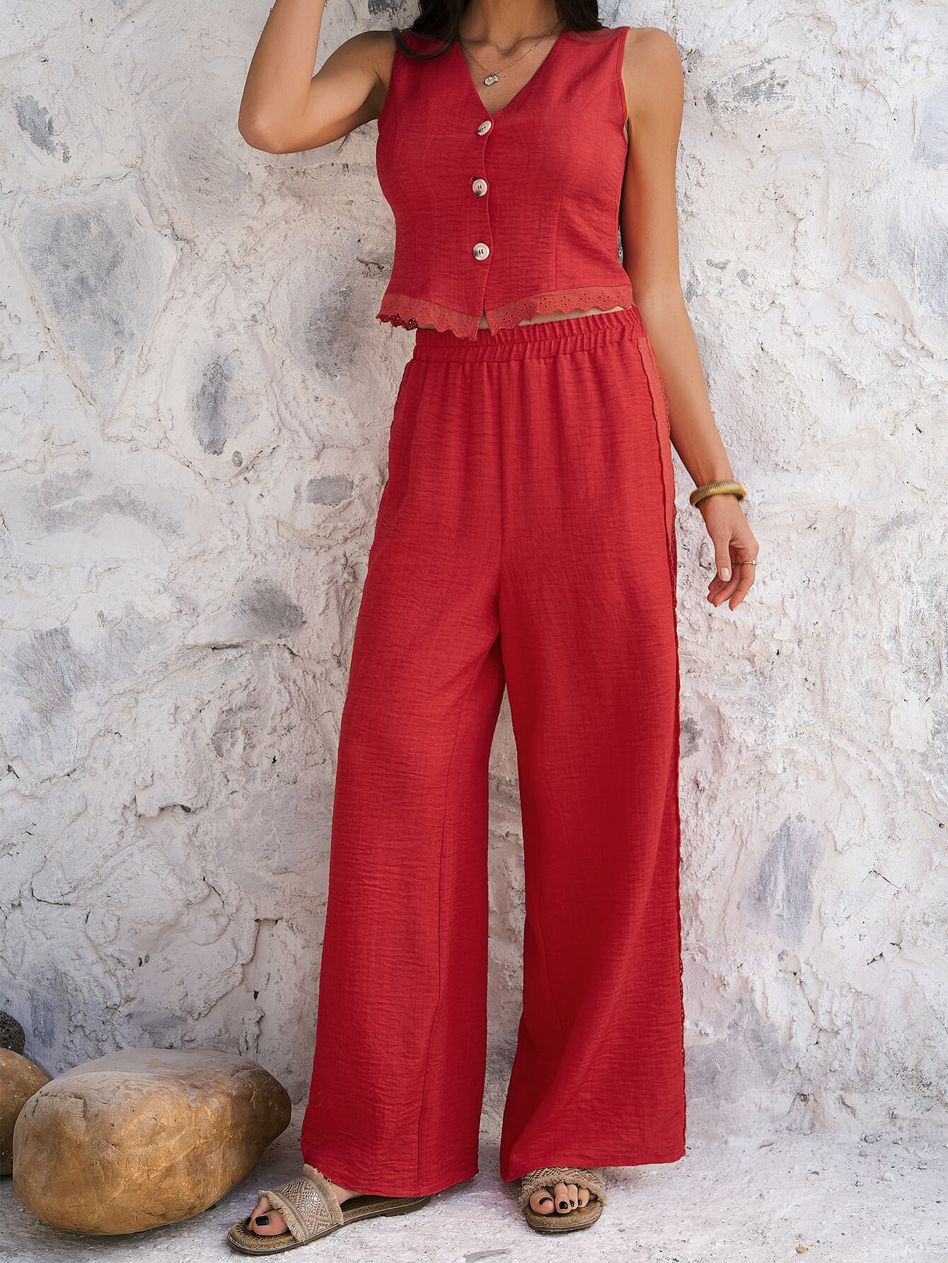 Spring Renew Wide Leg Vest Matching Set - red - Image 2