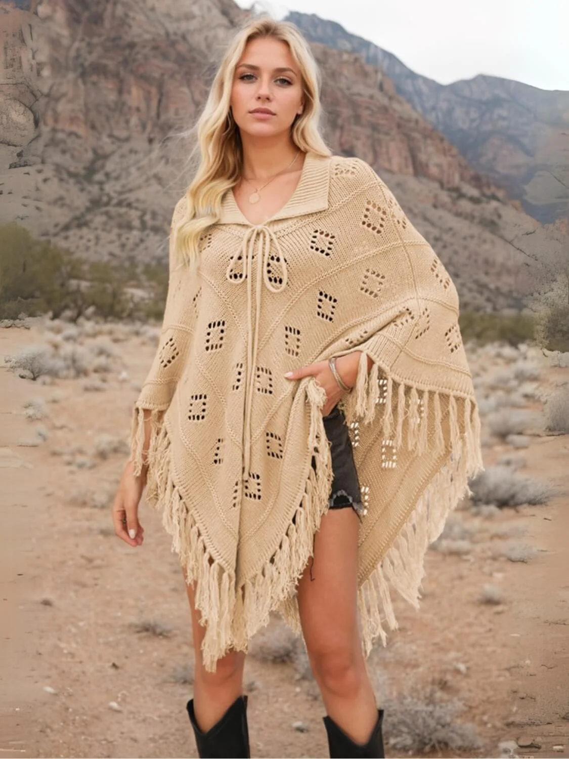 Spring Welcome Tassel Fringe Knit Poncho - Image 10
