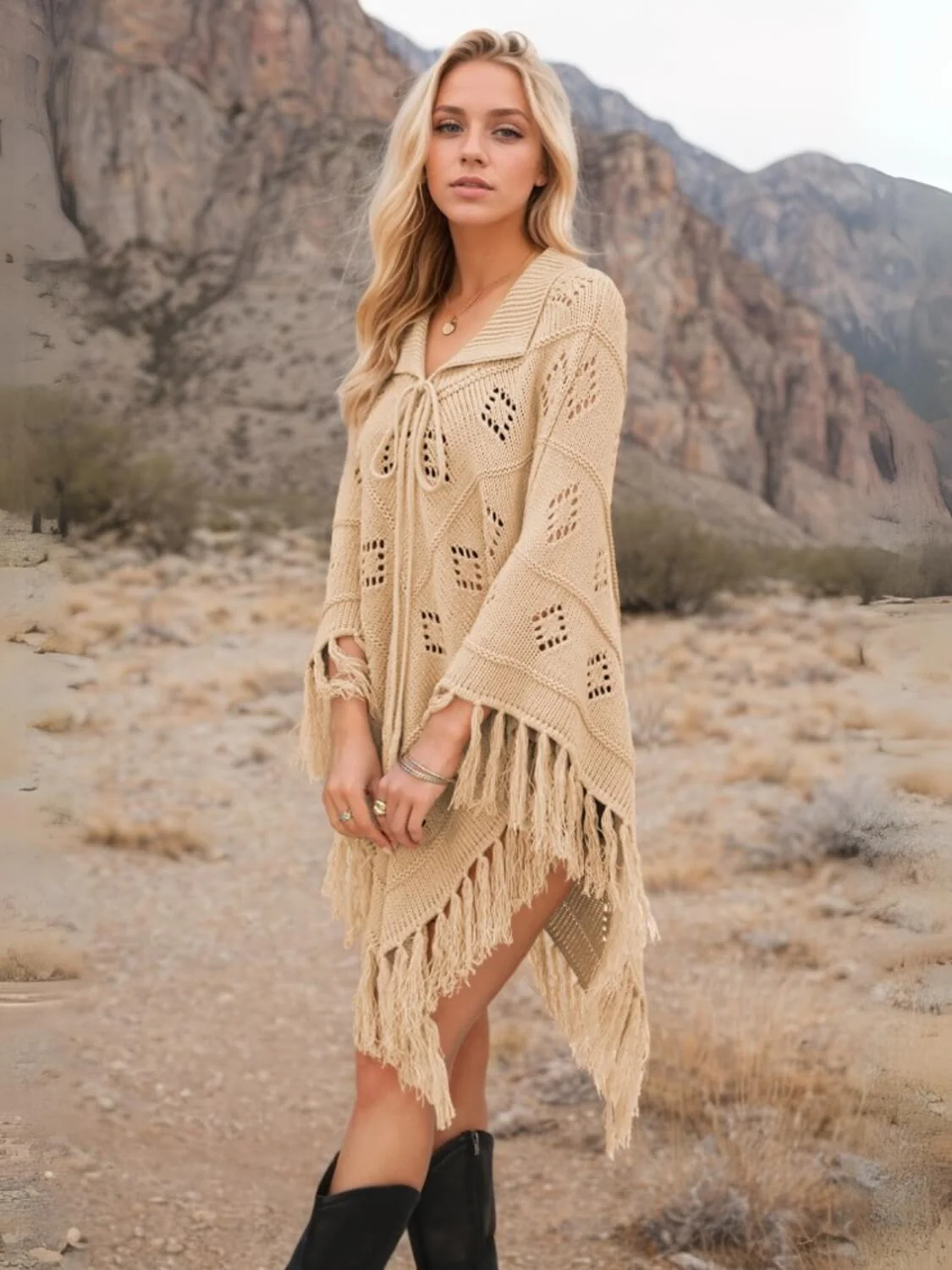 Spring Welcome Tassel Fringe Knit Poncho - Image 11