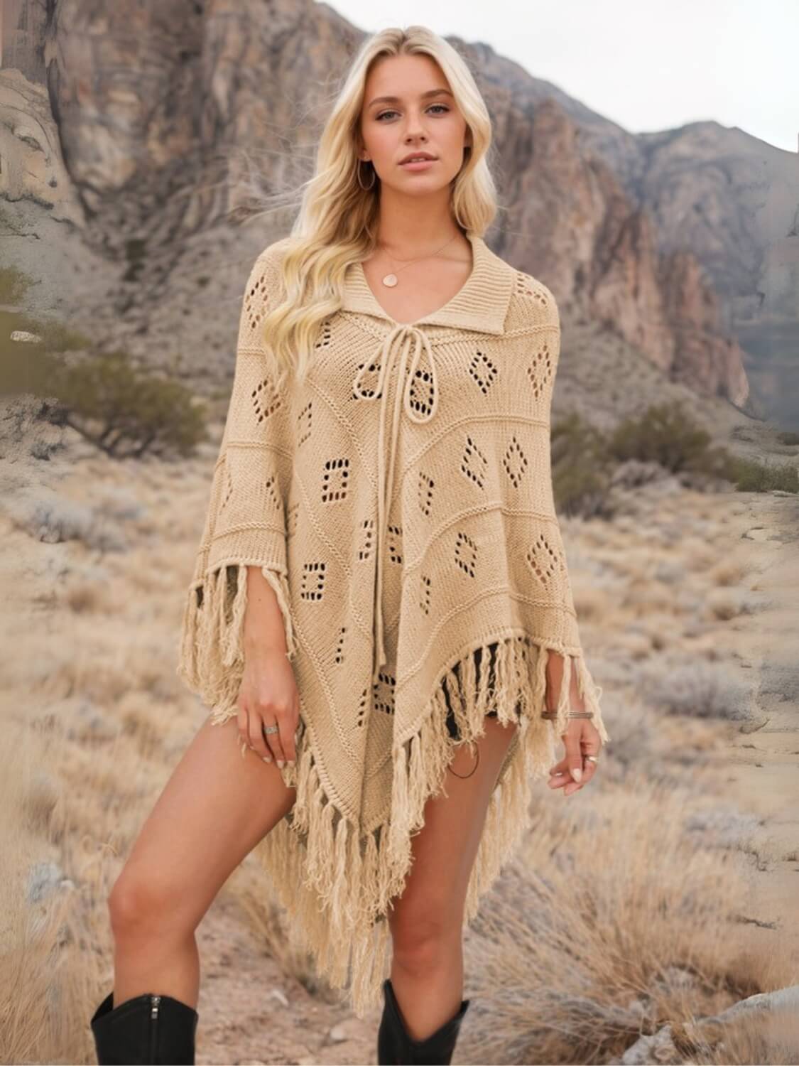 Spring Welcome Tassel Fringe Knit Poncho - Image 12