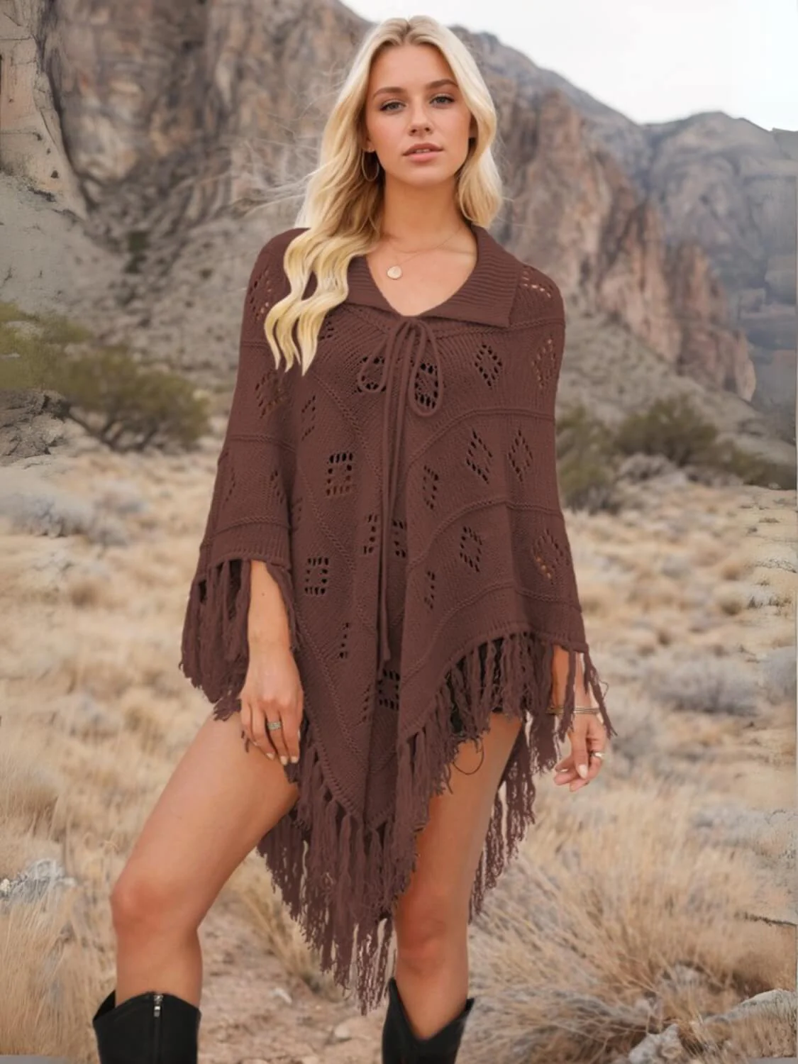 Spring Welcome Tassel Fringe Knit Poncho - Image 14