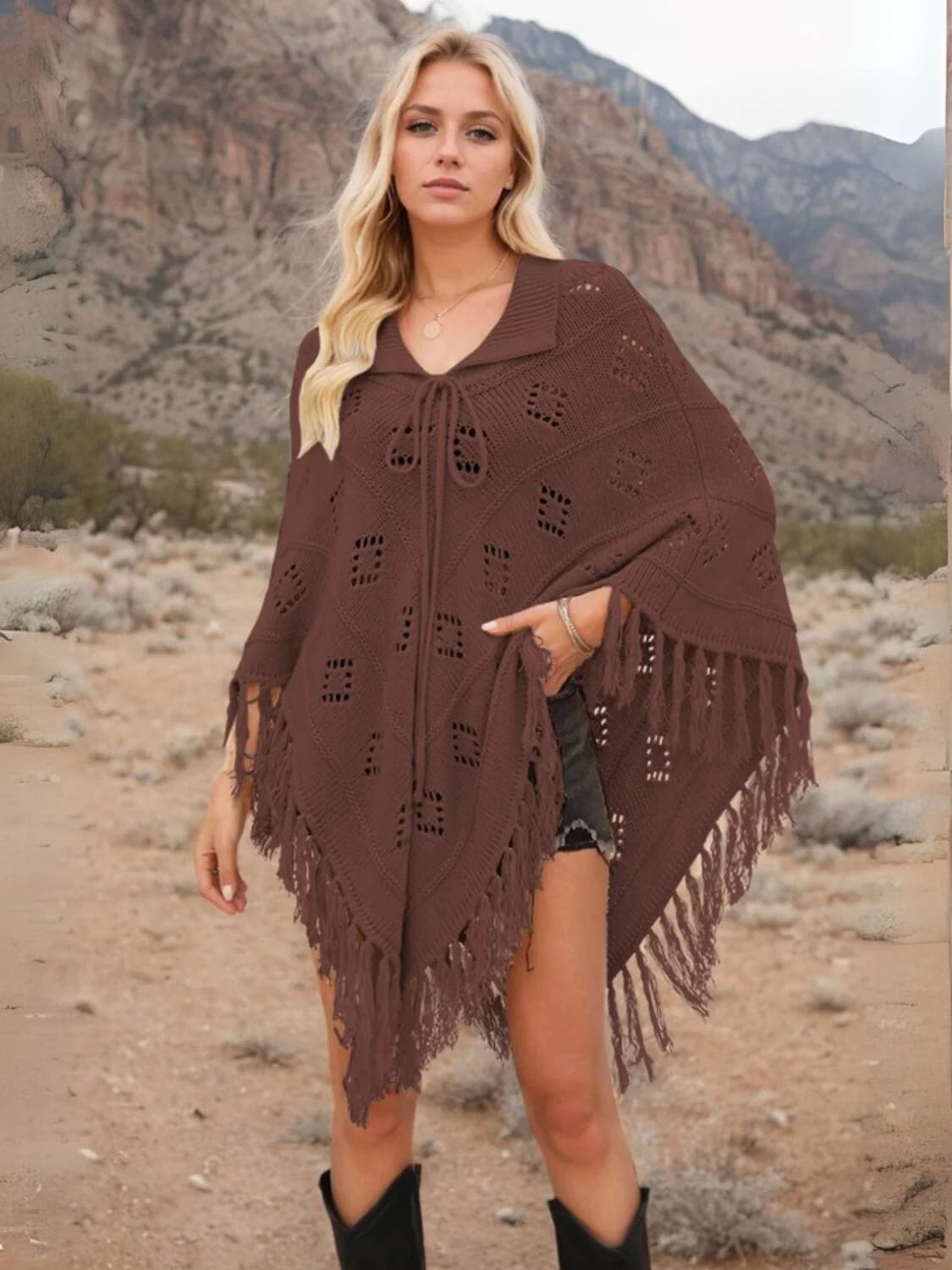 Spring Welcome Tassel Fringe Knit Poncho - Image 16