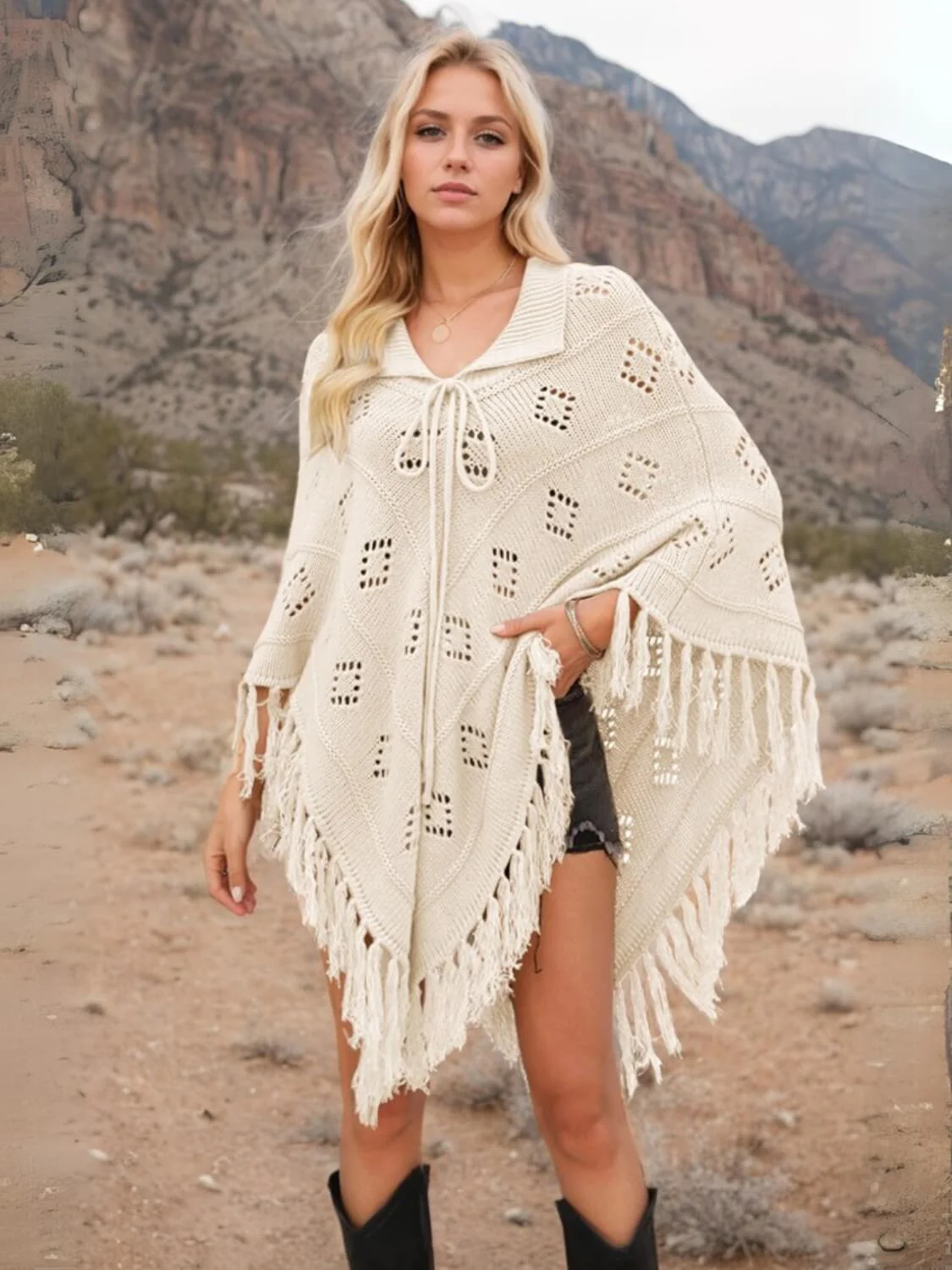 Spring Welcome Tassel Fringe Knit Poncho - Image 2
