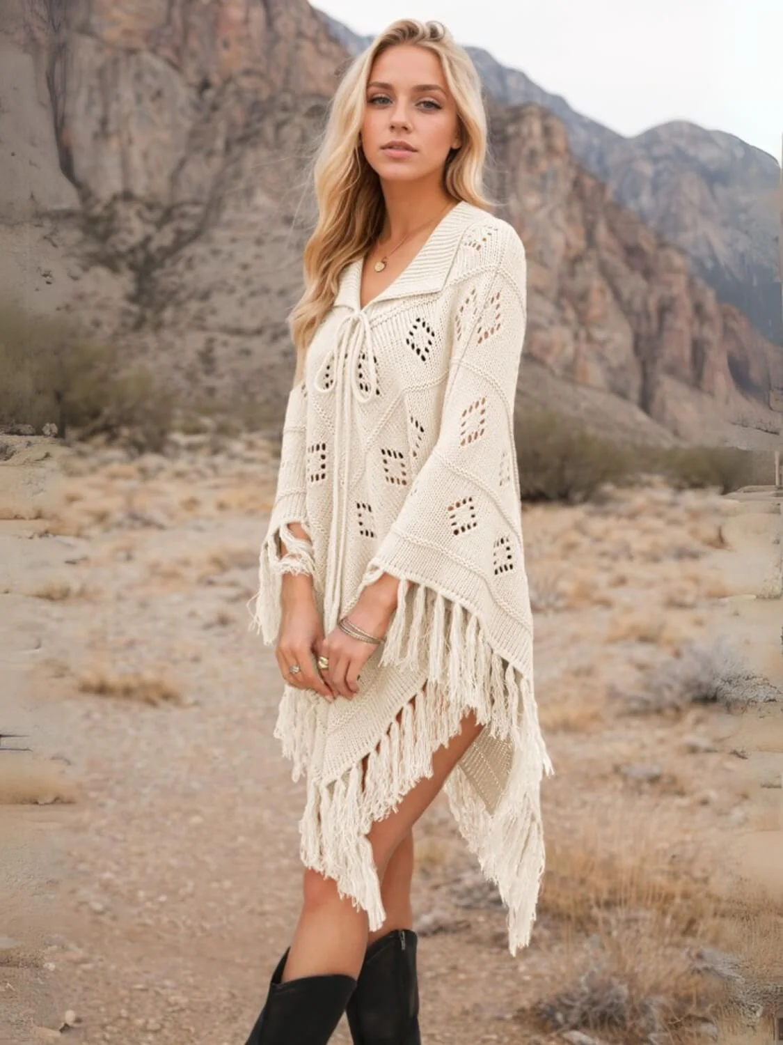 Spring Welcome Tassel Fringe Knit Poncho - Image 3
