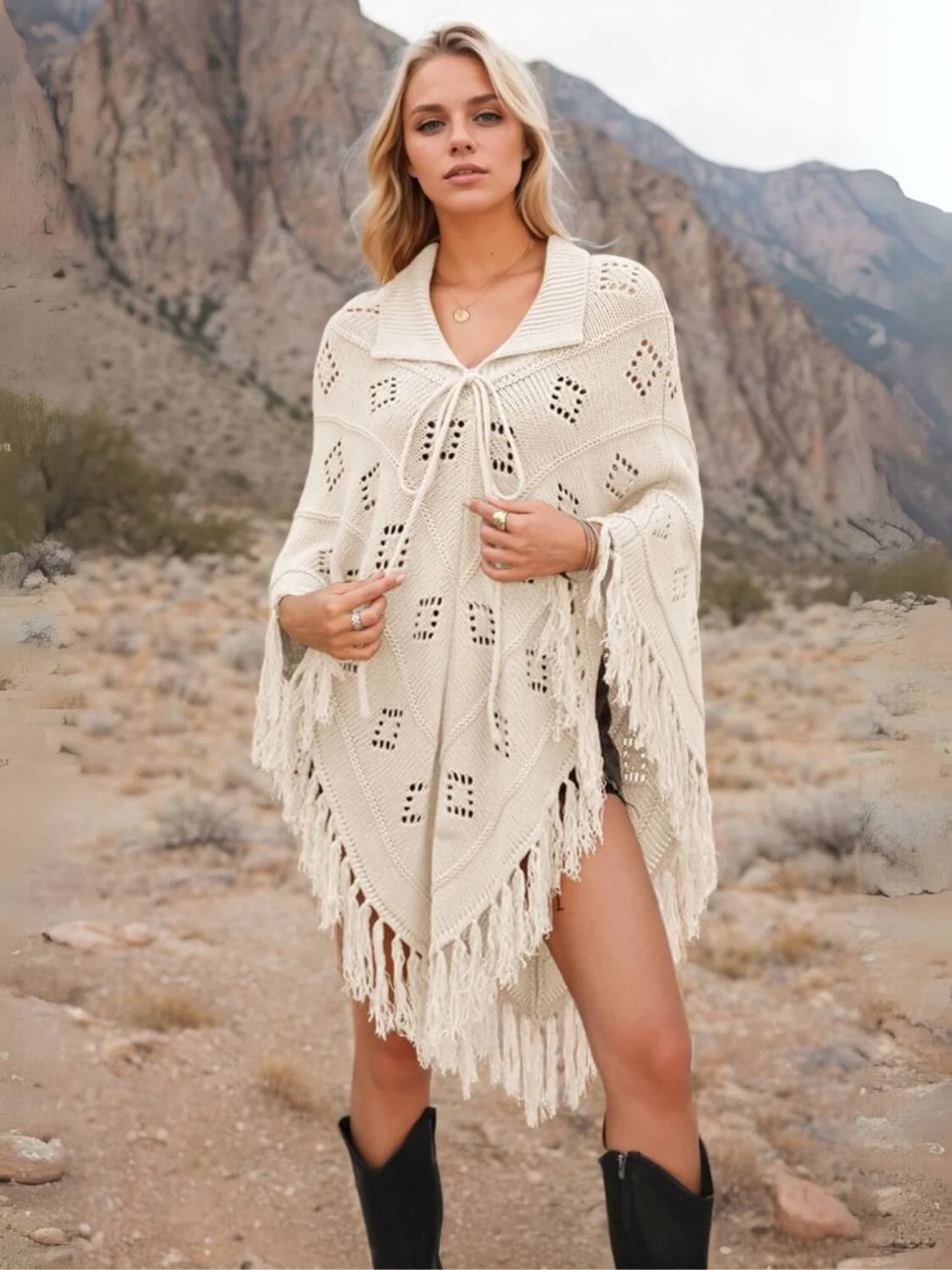 Spring Welcome Tassel Fringe Knit Poncho - Image 4