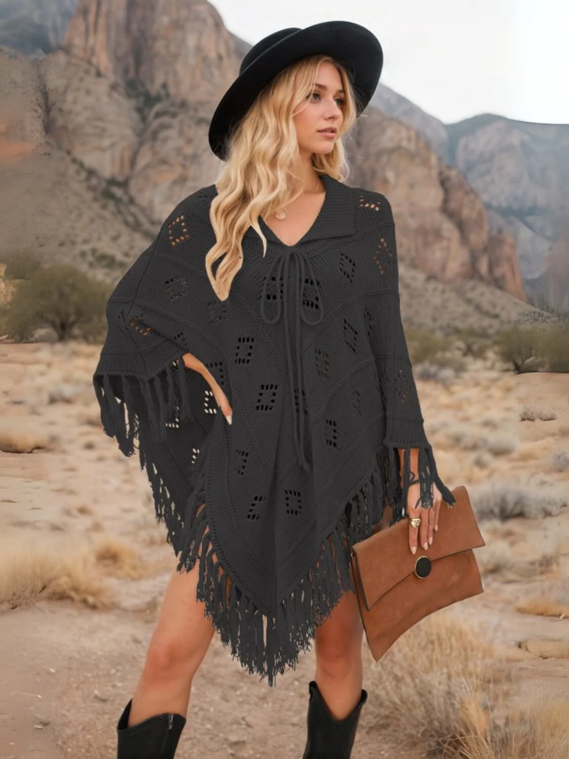 Spring Welcome Tassel Fringe Knit Poncho - Image 6