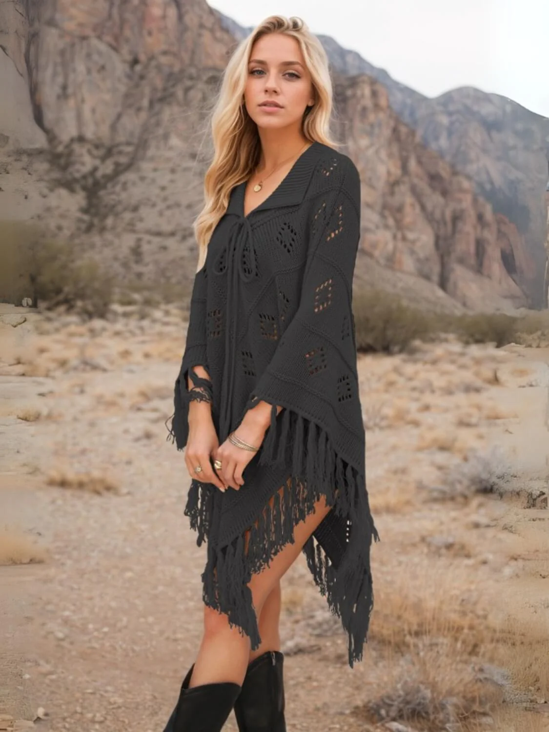 Spring Welcome Tassel Fringe Knit Poncho - Image 7