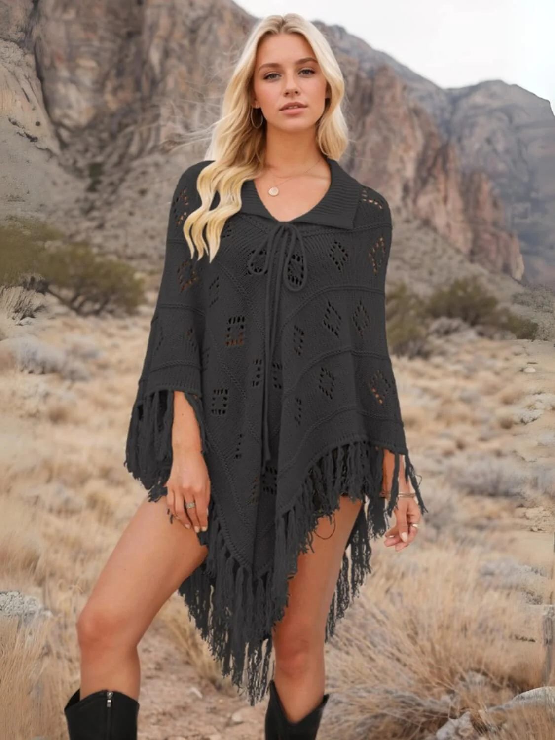 Spring Welcome Tassel Fringe Knit Poncho - Image 8