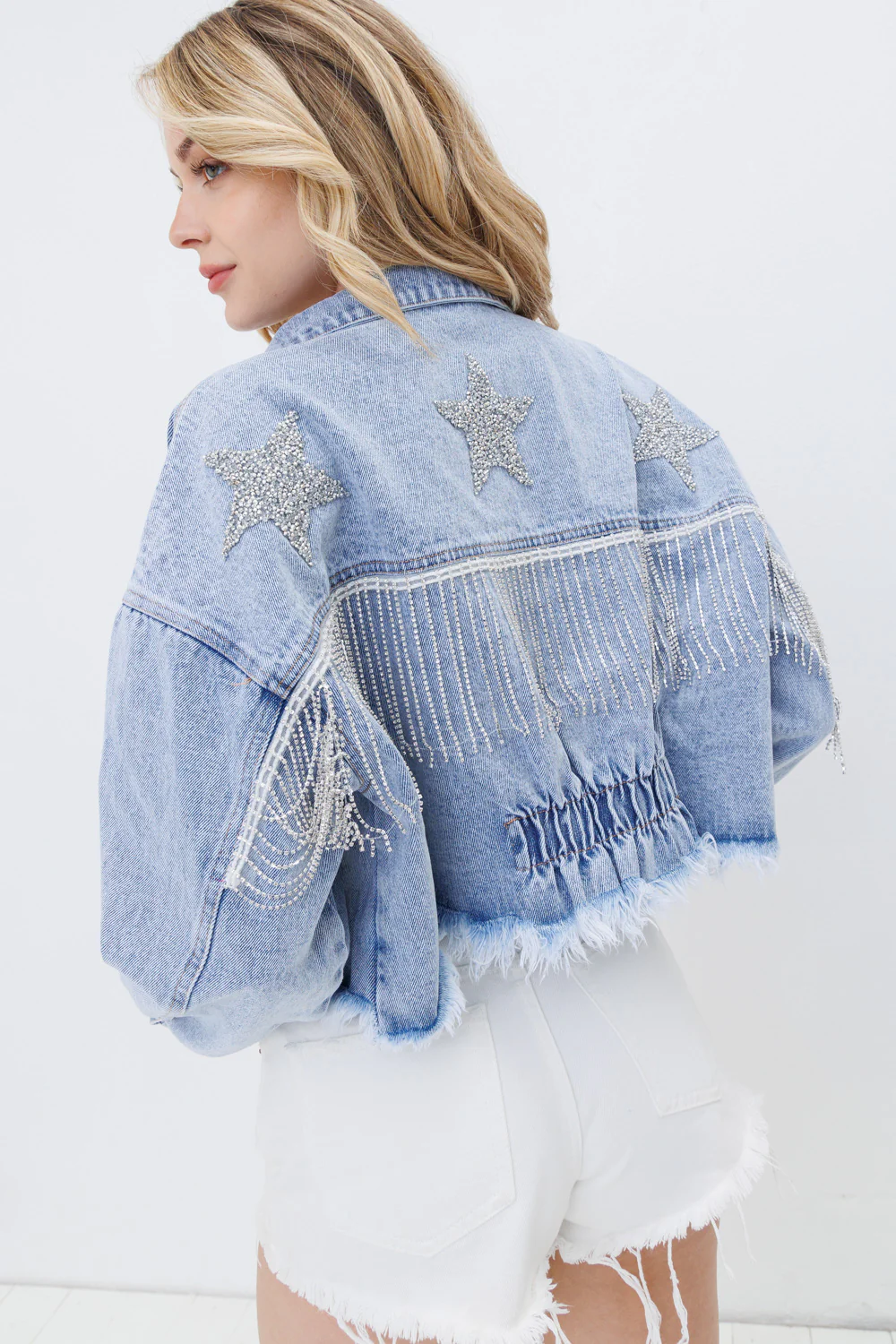 Stay On Stage Star Embellish Denim Jacket - Blue - Image 3