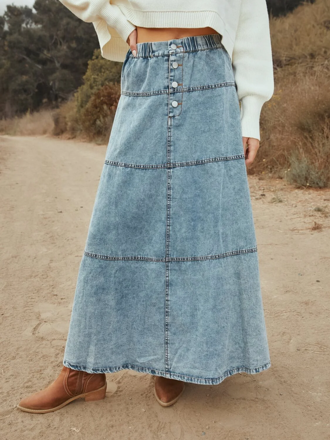 Stitch And Feather Denim Maxi Skirt