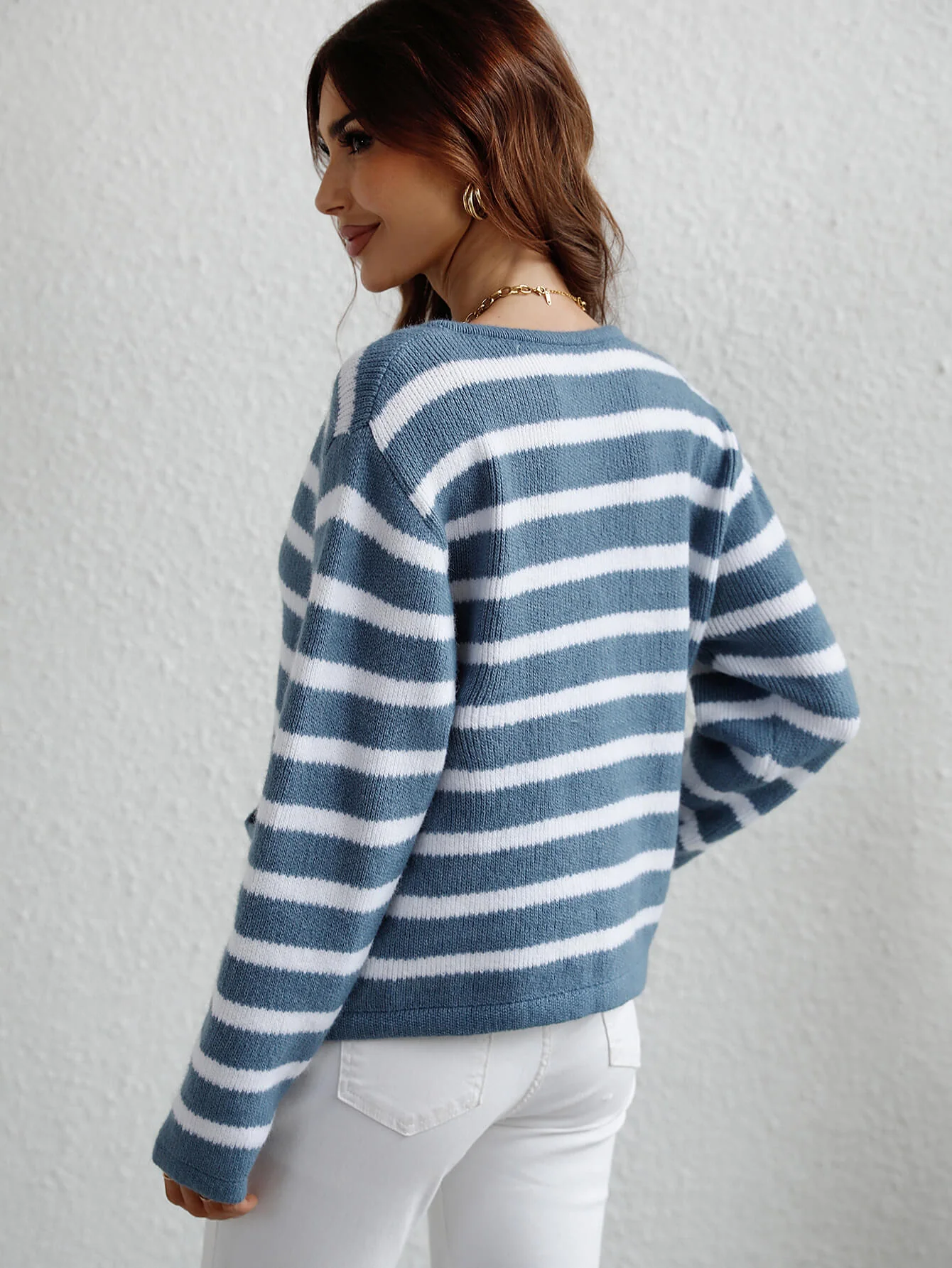 STRIPE POCKET BUTTON UP KNIT CARDIGAN - BLUE - Image 3