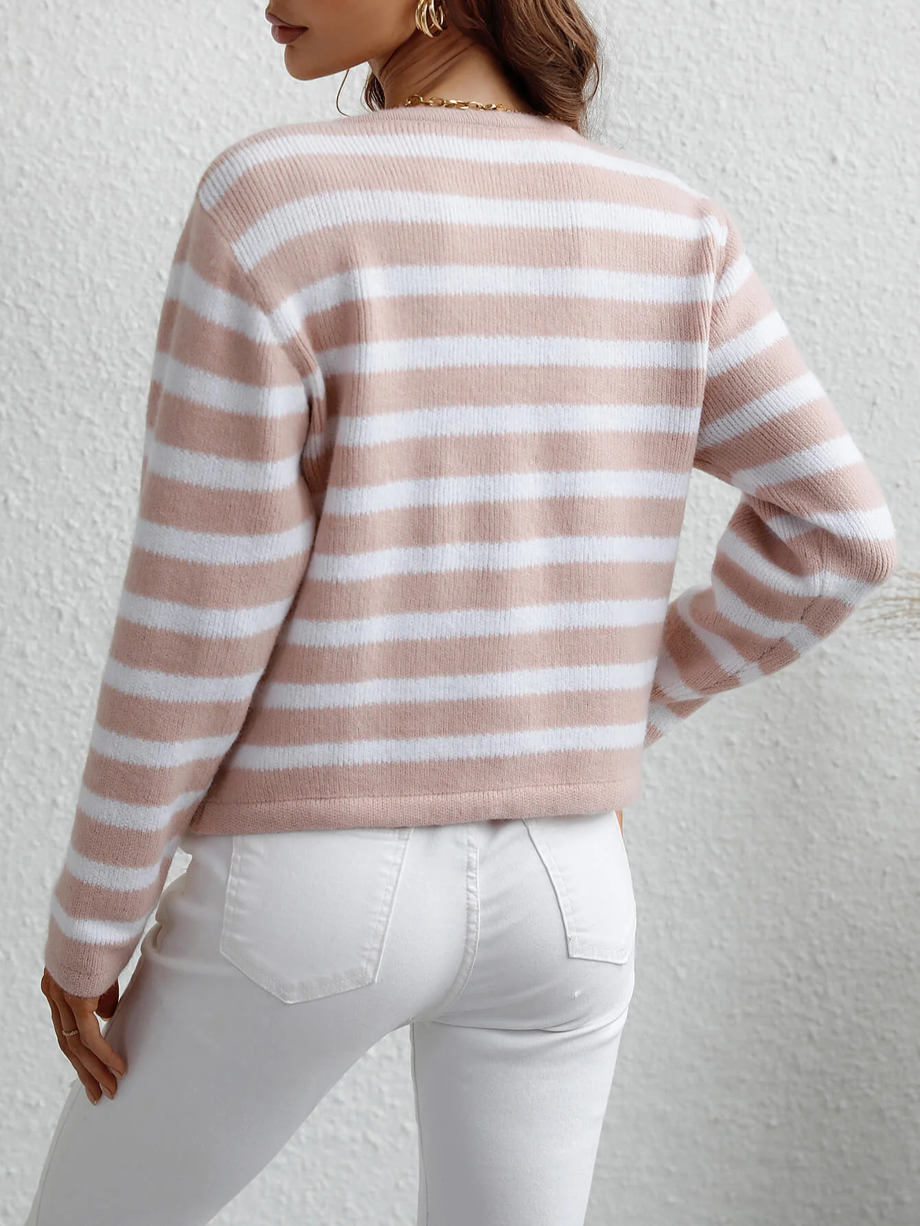 STRIPE POCKET BUTTON UP KNIT CARDIGAN - PINK - Image 3