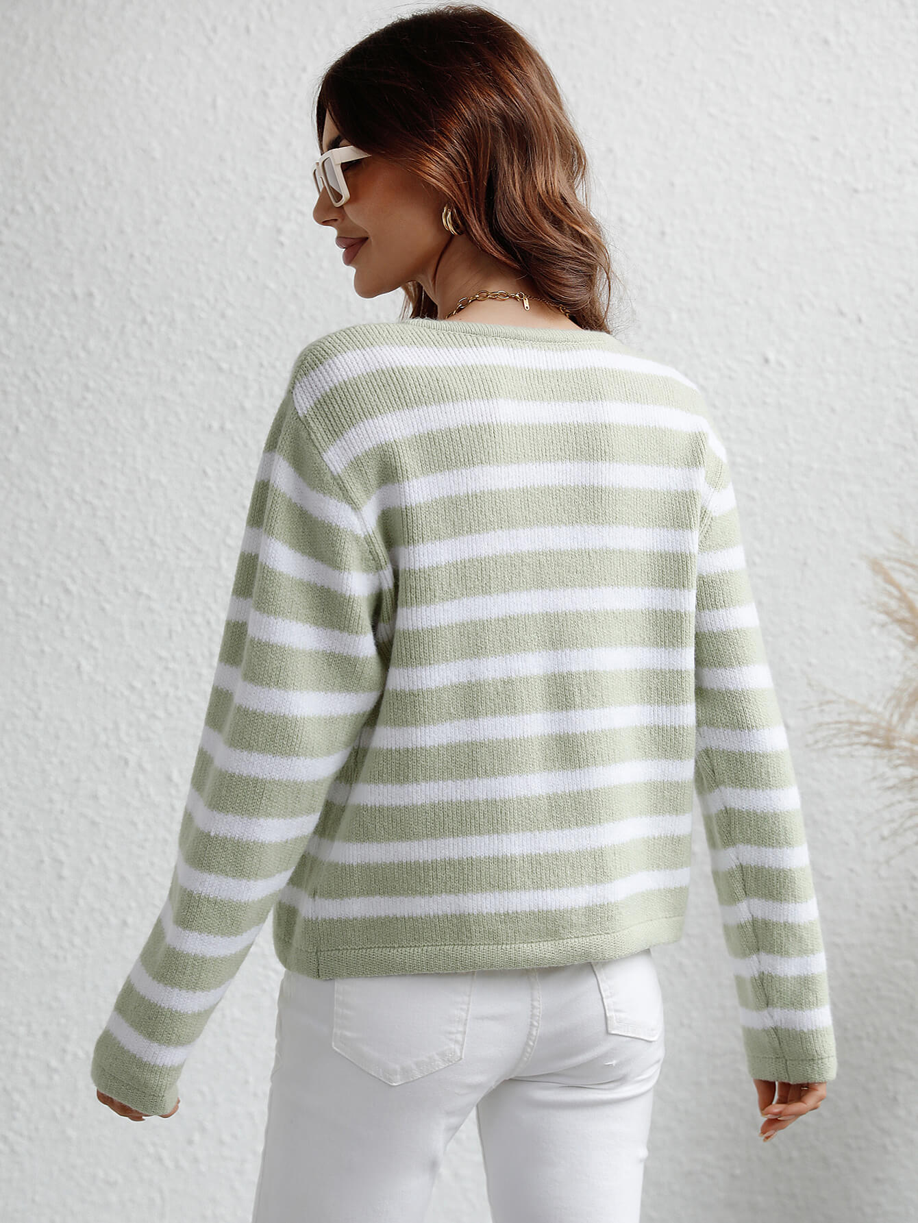 STRIPE POCKET BUTTON UP KNIT CARDIGAN - SAGE - Image 4
