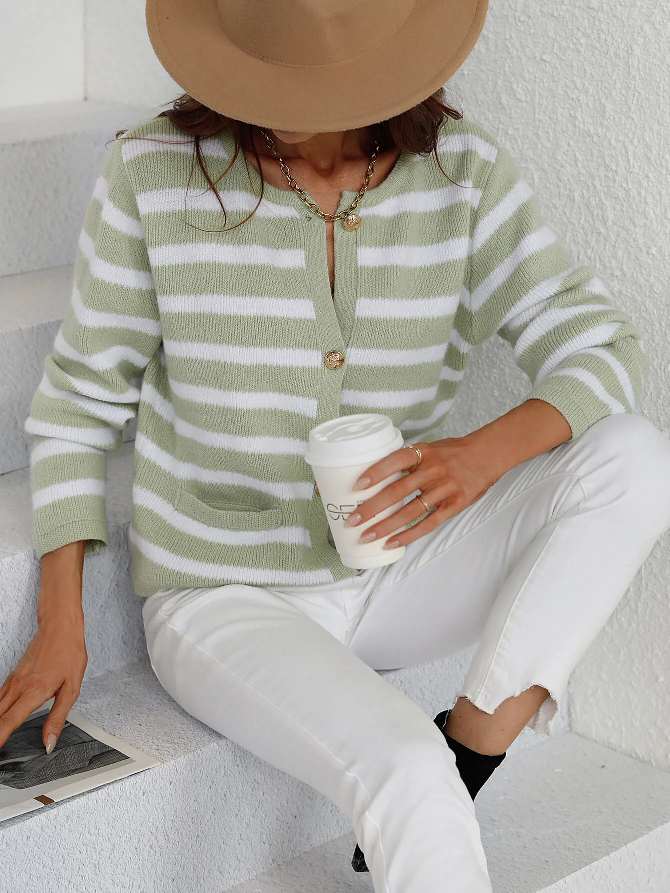 STRIPE POCKET BUTTON UP KNIT CARDIGAN - SAGE - Image 6