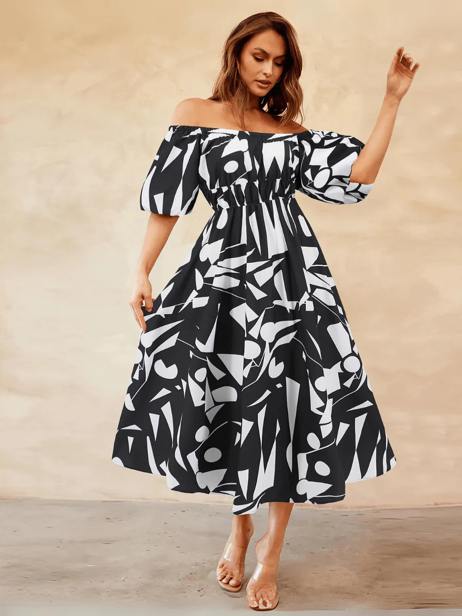 Summer in Amalfi Puff Sleeve Midi Dress - Black - Image 2