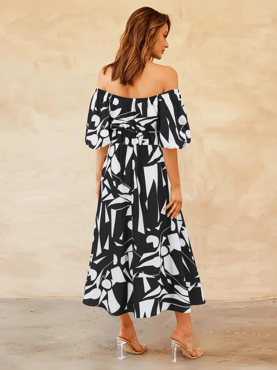 Summer in Amalfi Puff Sleeve Midi Dress - Black - Image 3
