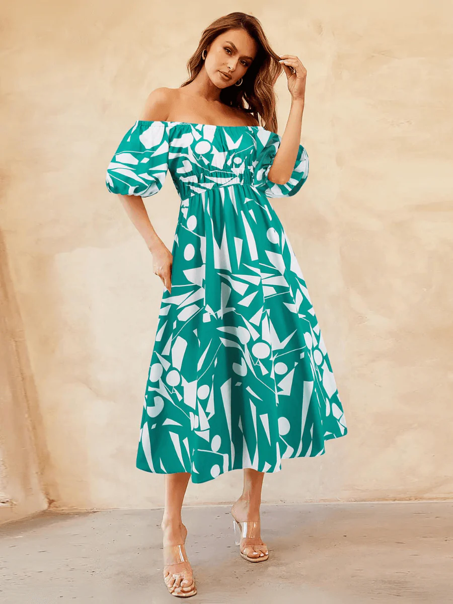 Summer in Amalfi Puff Sleeve Midi Dress - Green - Image 2