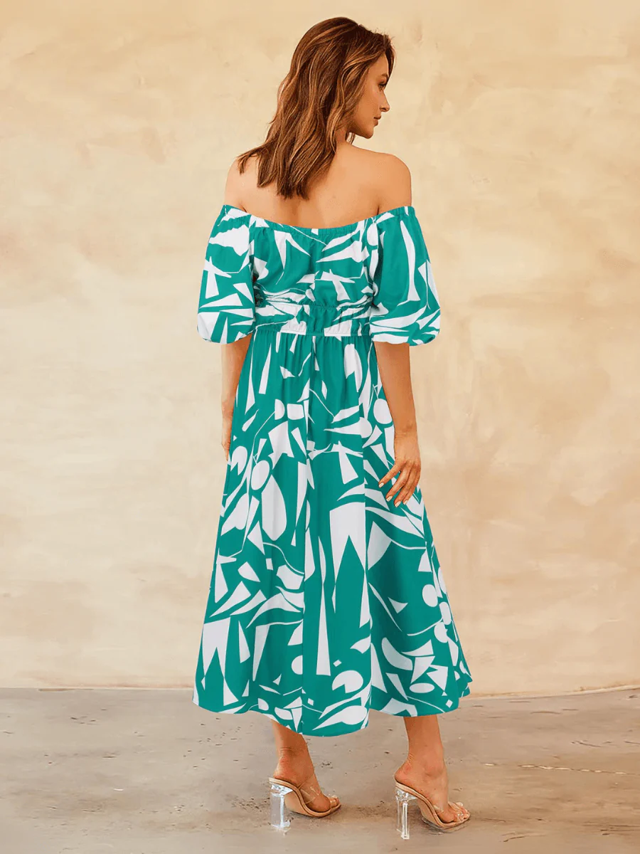 Summer in Amalfi Puff Sleeve Midi Dress - Green - Image 3