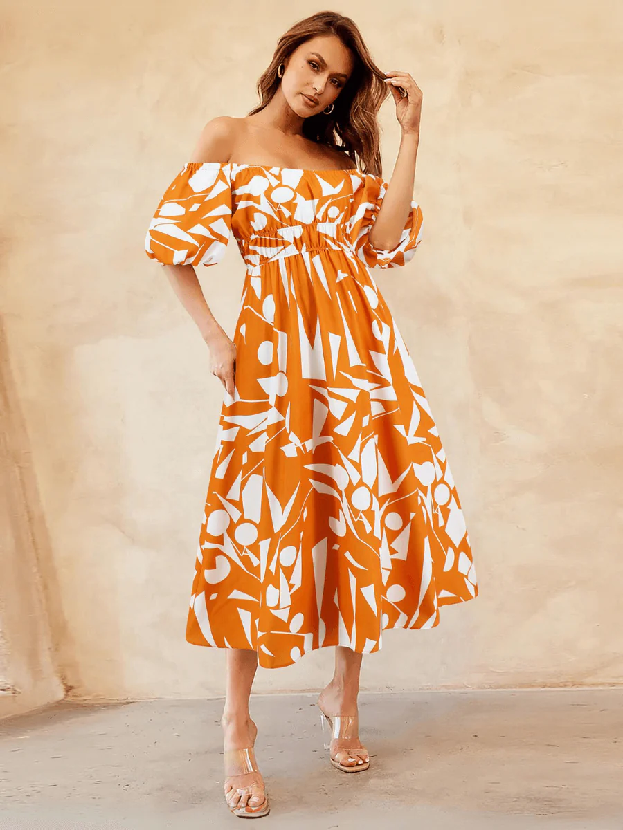Summer in Amalfi Puff Sleeve Midi Dress - Orange - Image 2
