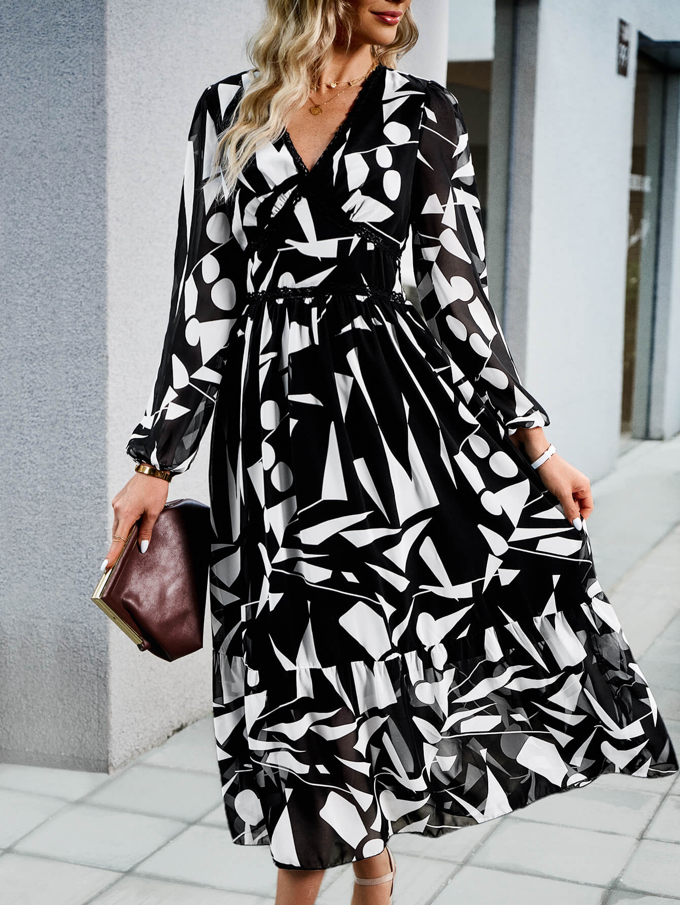Sunset Drinks Geometry Midi Dress - Black - Image 4
